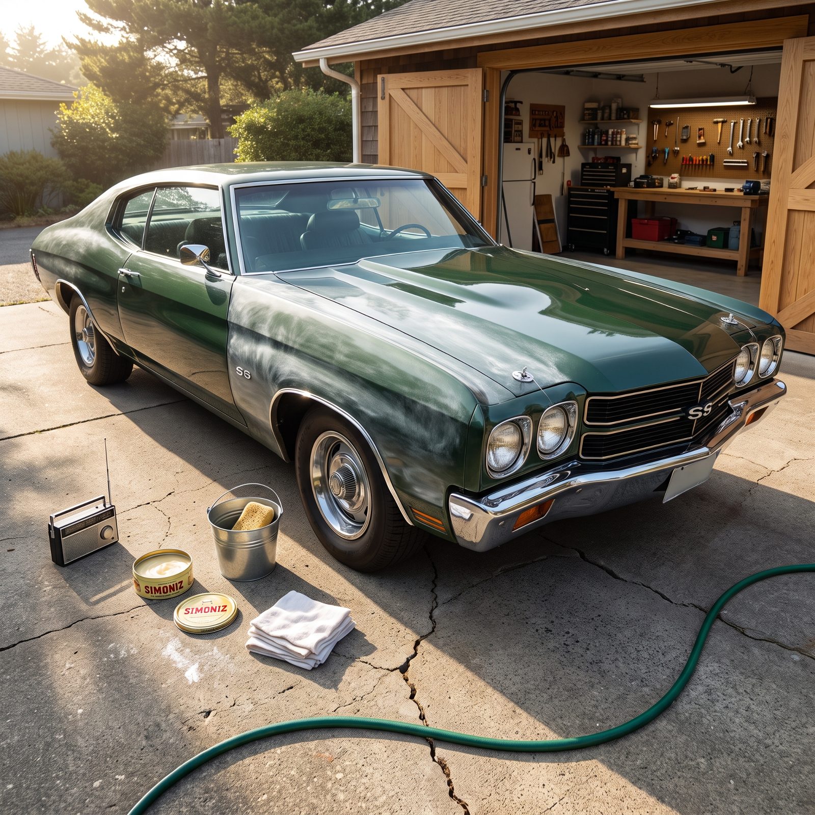 1970s driveway with a dark green hardtop half-waxed, a tin of paste wax, folded rags, and a transistor radio on the ground.