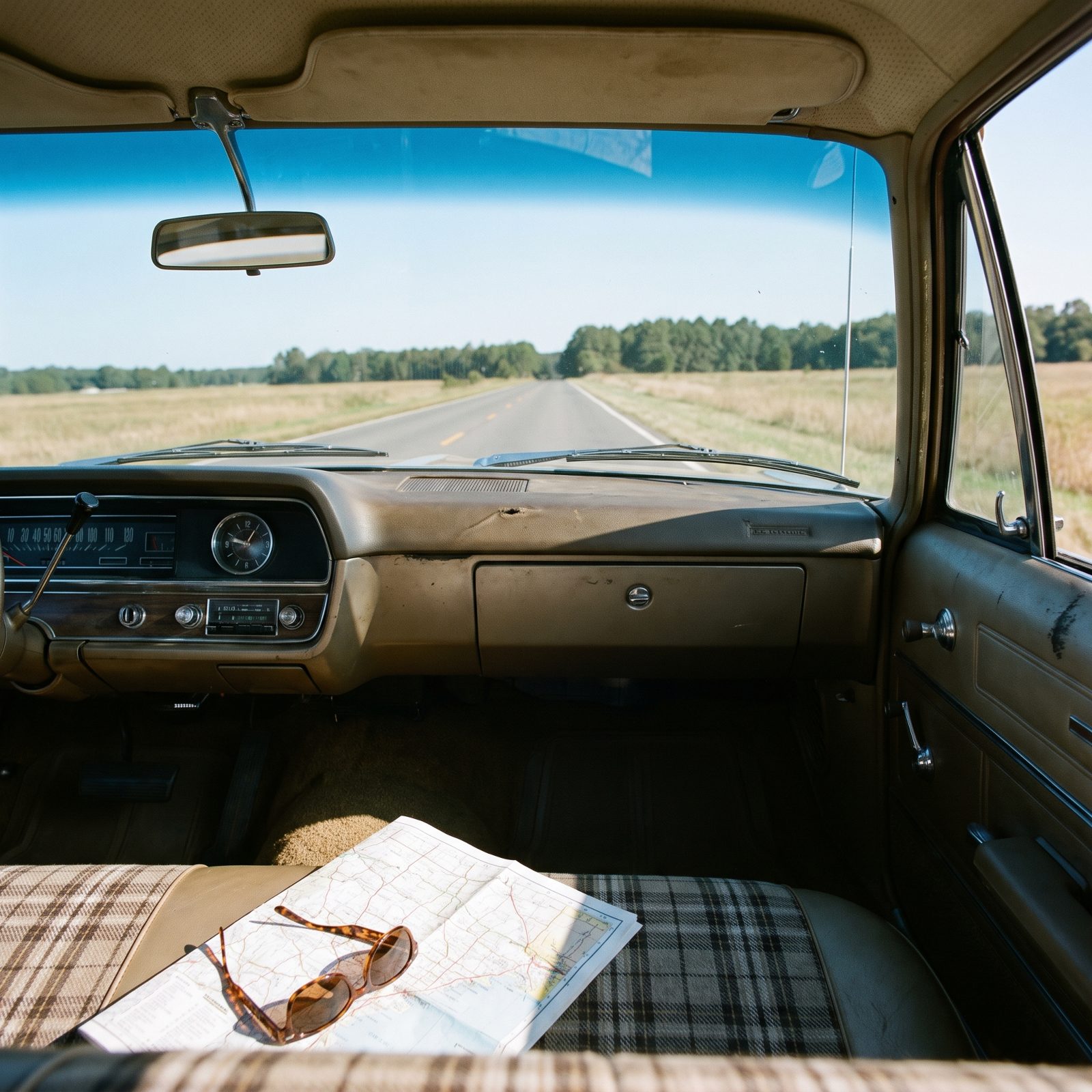 View through the windshield of a 1970s sedan on a straight rural road, with a folded map and sunglasses on the bench seat.