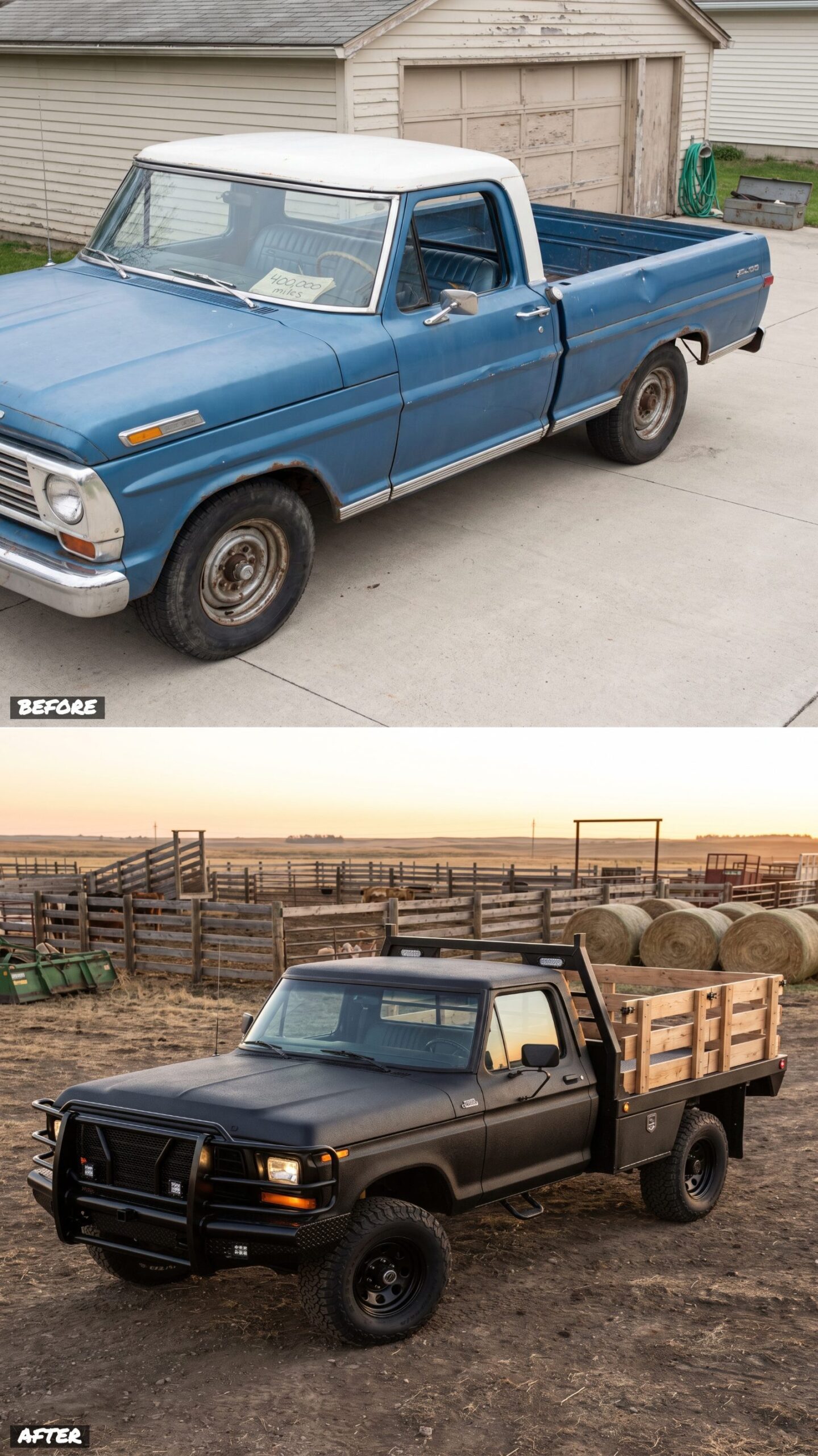 Working Ranch Flatbed in Matte Black Steel and Stake Sides