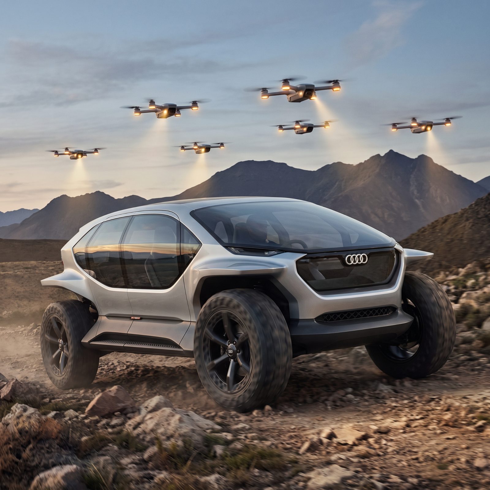 Audi AI:TRAIL Quattro: The Glass Off-Roader Lit by Flying Drones