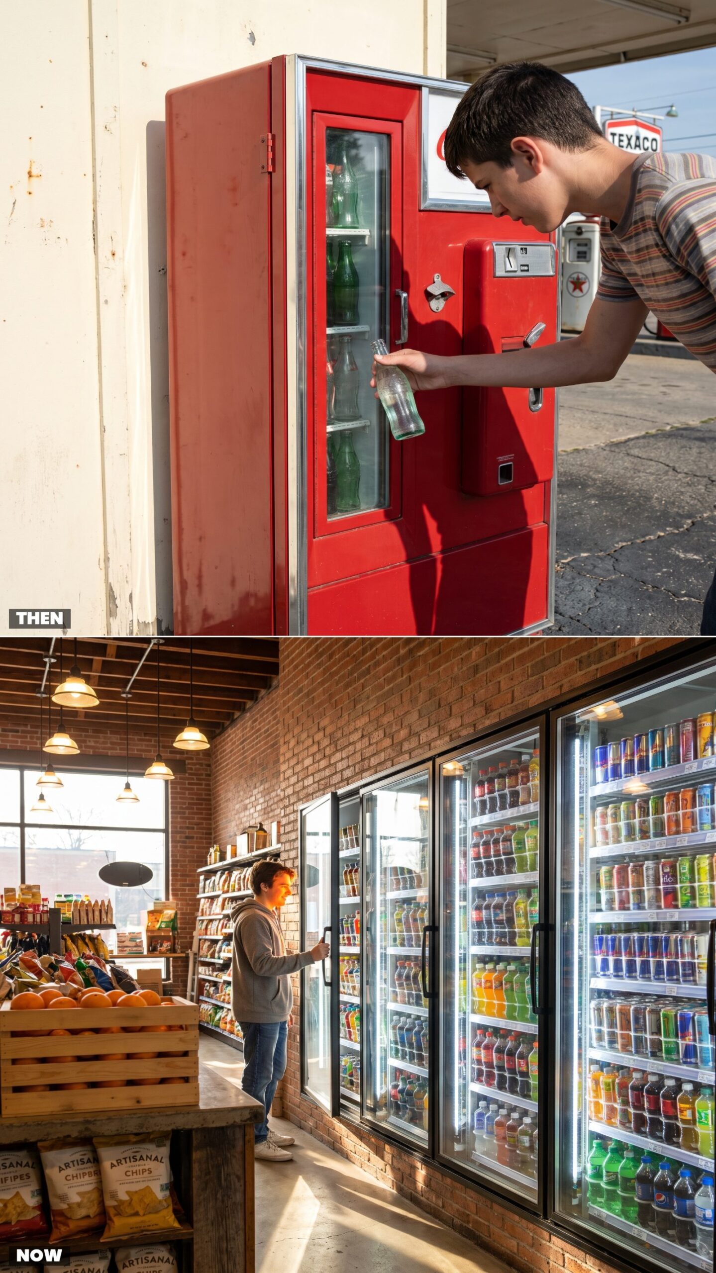 Bottle-Type Soda Machines vs. Walls of Refrigerated Drinks
