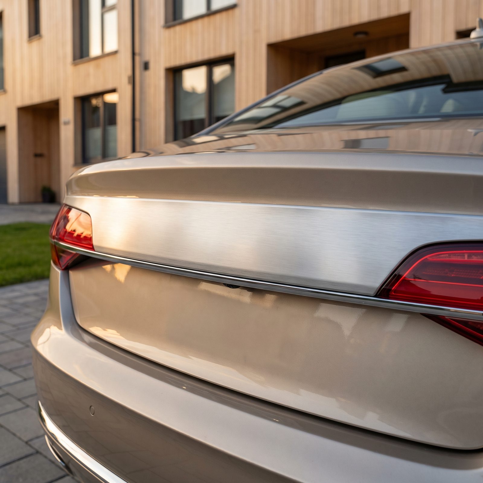 A Brushed-Aluminum Trunk Garnish Running Between the Lights
