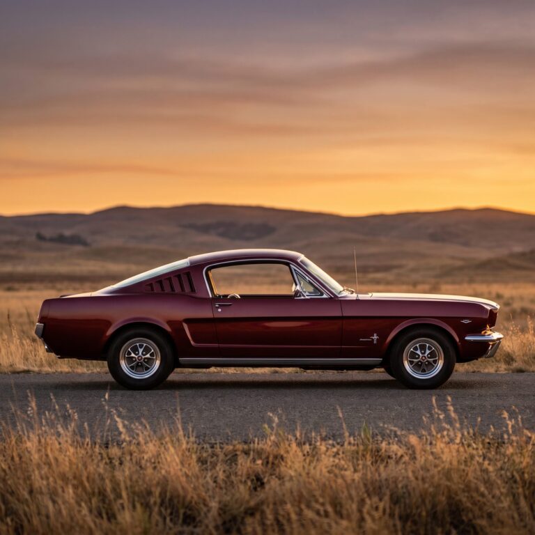 A deep red 1965 Ford Mustang fastback parked on a country road at sunset