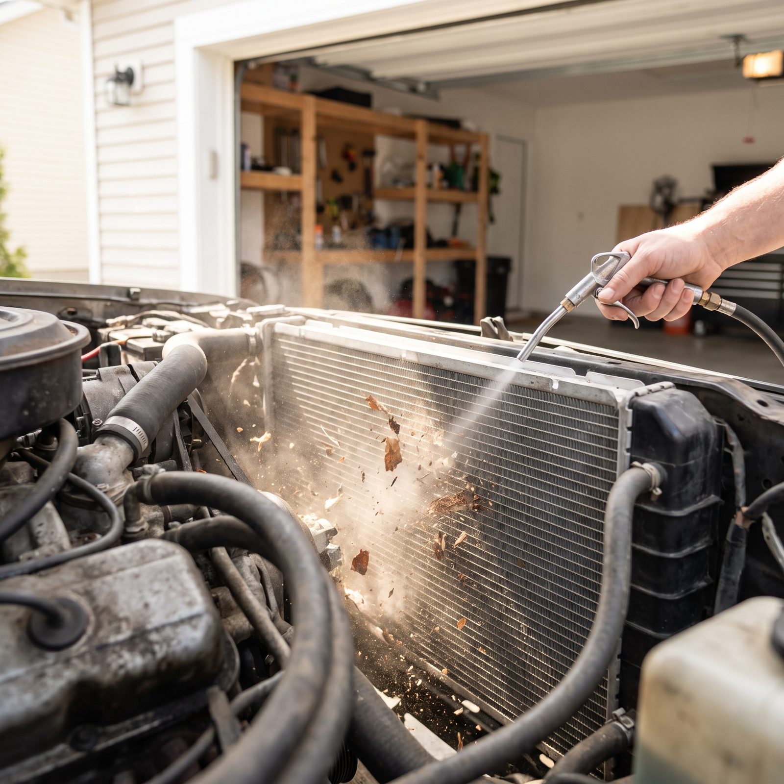 Clean Radiator Fins From the Engine Side to Push Debris Back Out the Way It Came