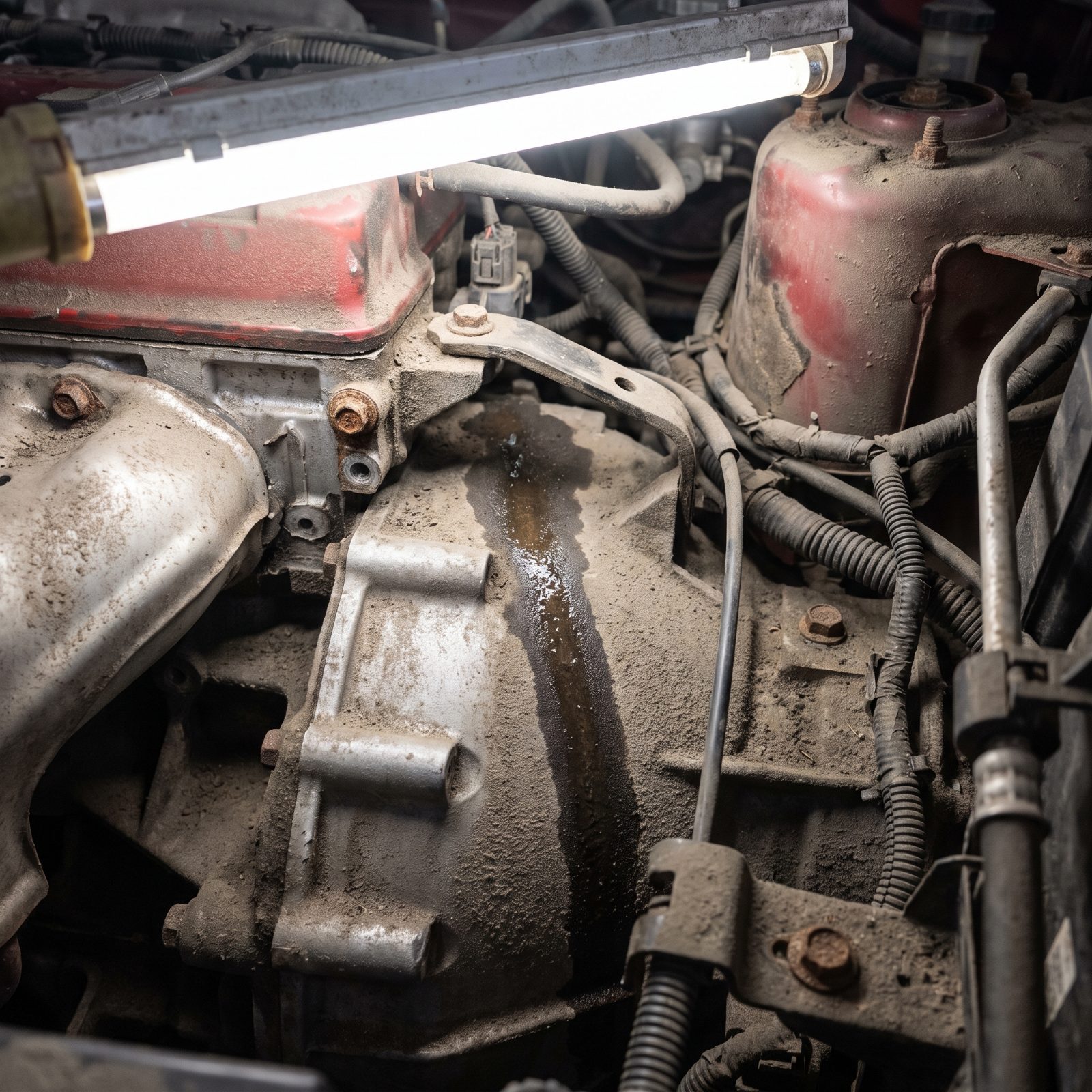 A Clean Streak Through Engine-Bay Dust Often Traces a Leak