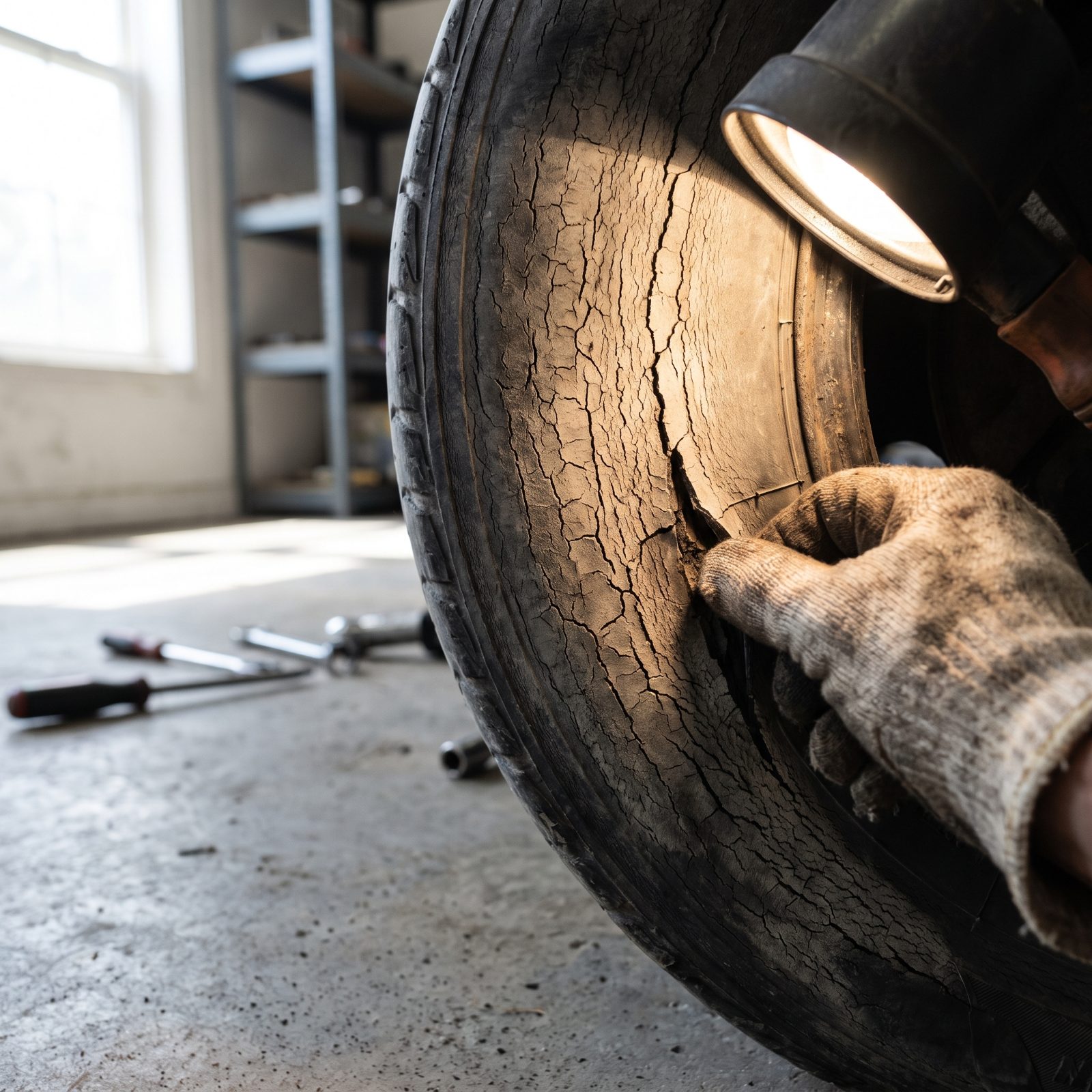 Cracks That Reveal Old Tire Rubber