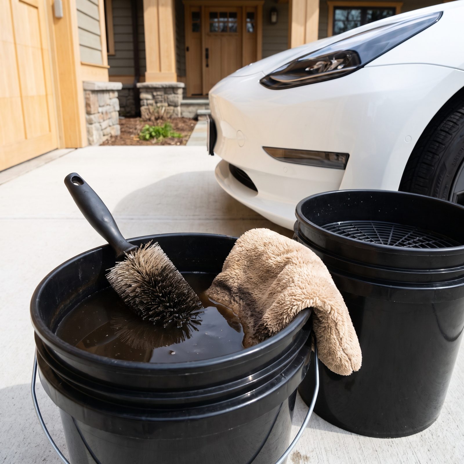 Dipping the Body Mitt Into Dirty Wheel-Wash Water
