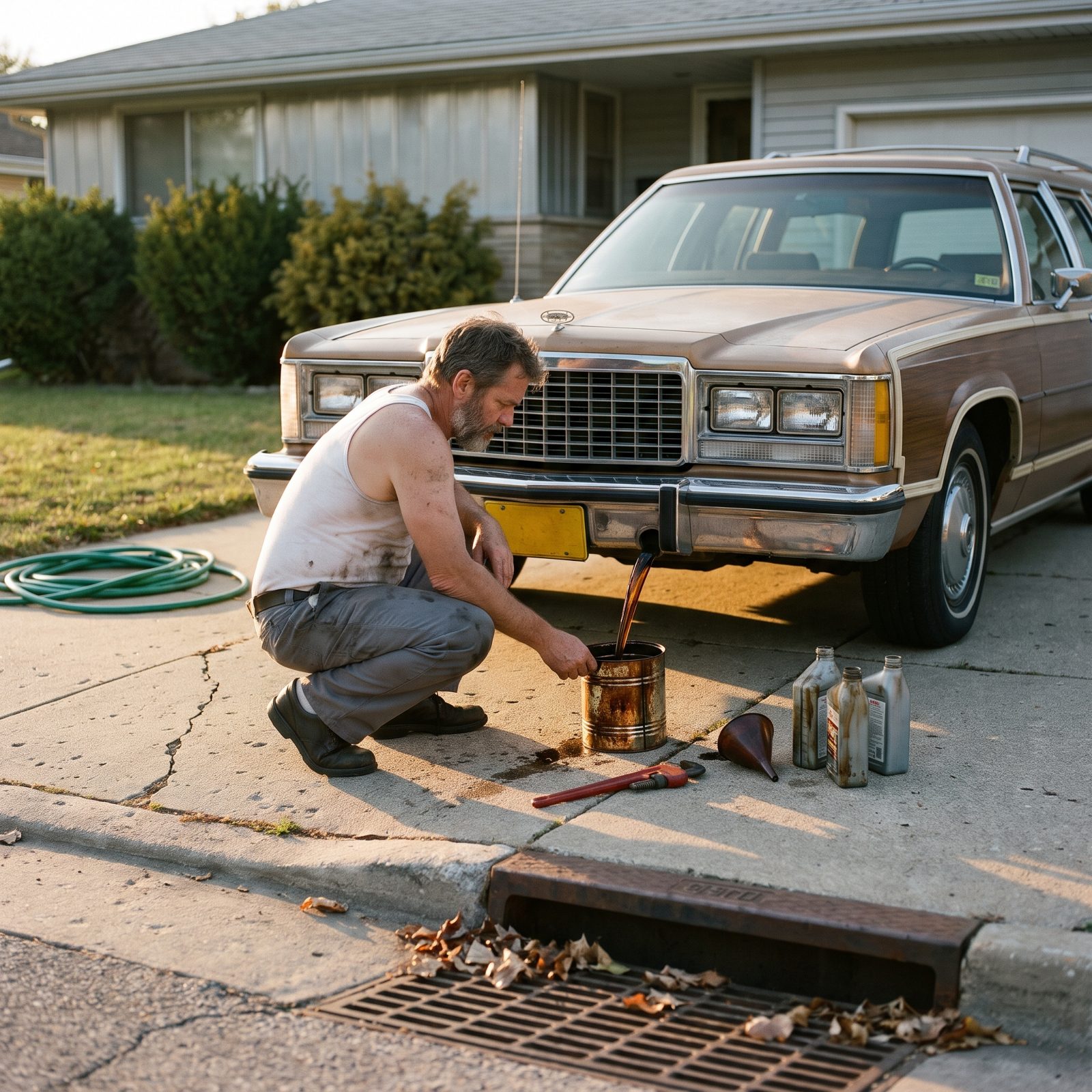 Draining the Oil Straight Into a Coffee Can and Pouring It Down the Storm Drain