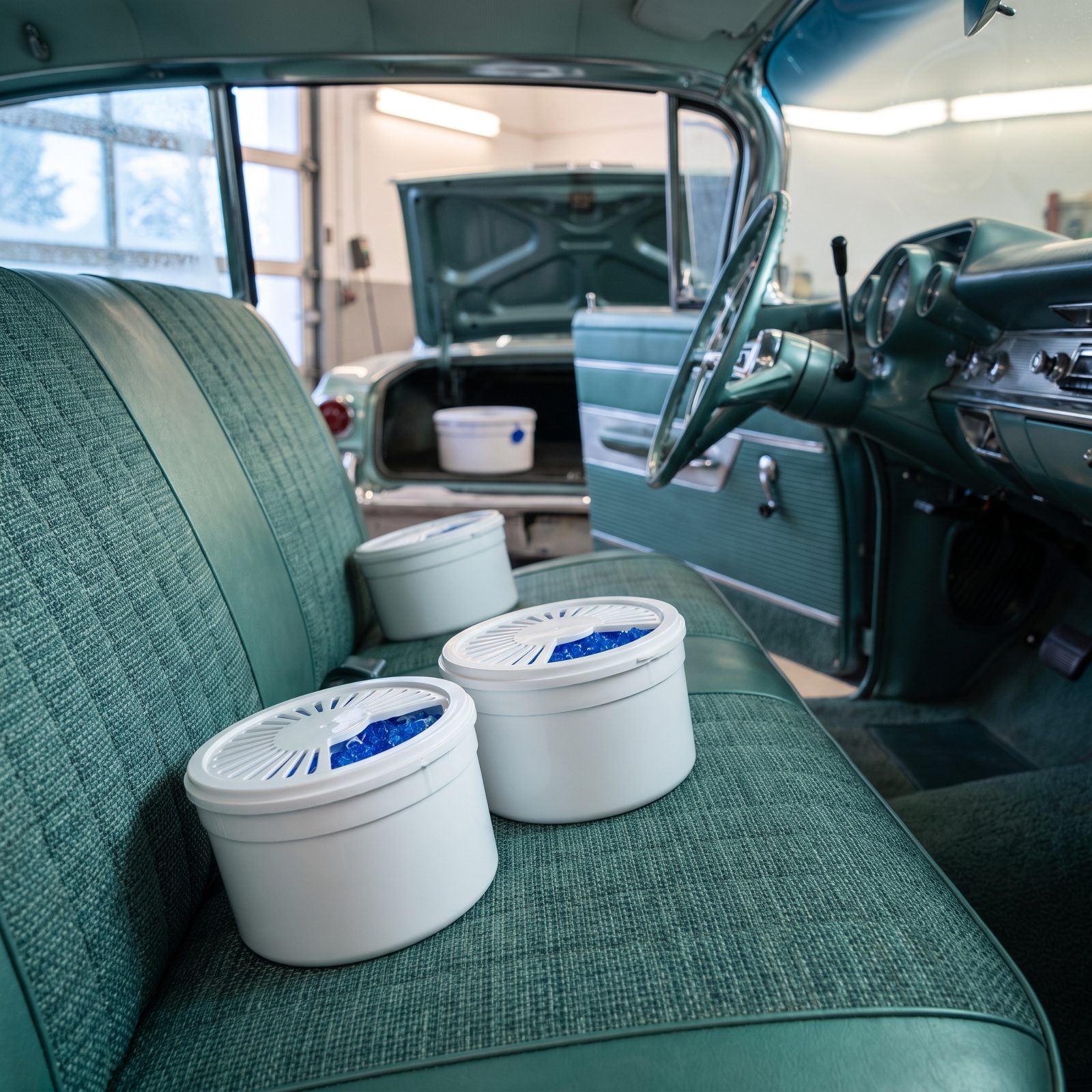 Drop Rechargeable Desiccant Tubs in the Cabin and Trunk