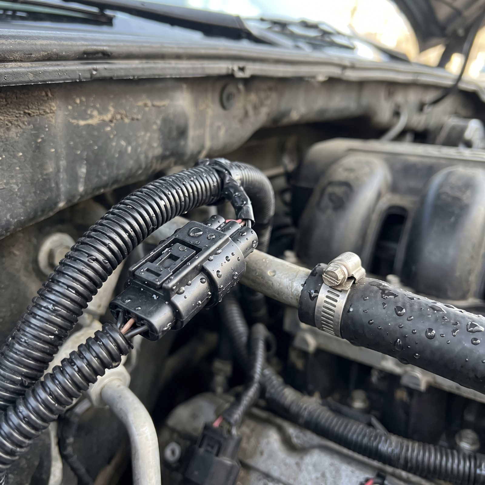 Droplets Pooled in Connectors Mean Somebody Just Hosed the Engine Down