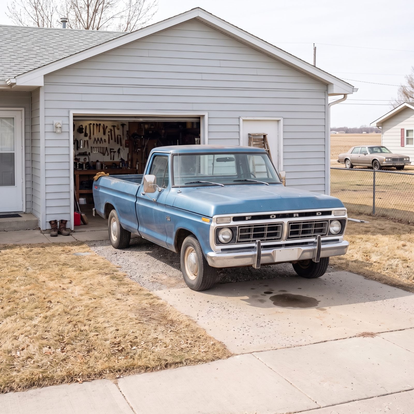 A faded blue 1970s pickup backed into a driveway with the grille facing the street and a toolbox and gas can in the bed.