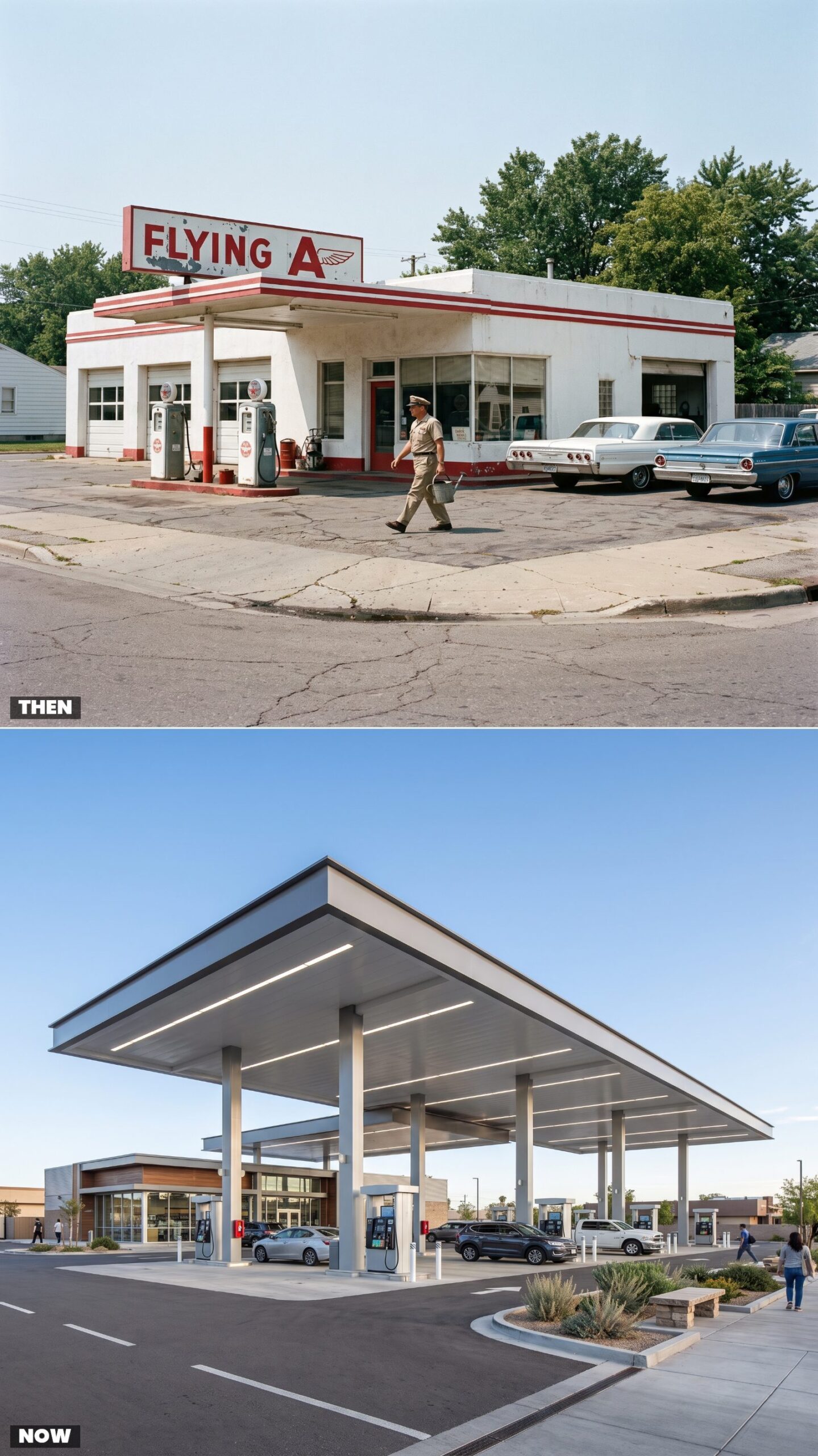 Flat-Roof Service Stations vs. Oversized Modern Canopies