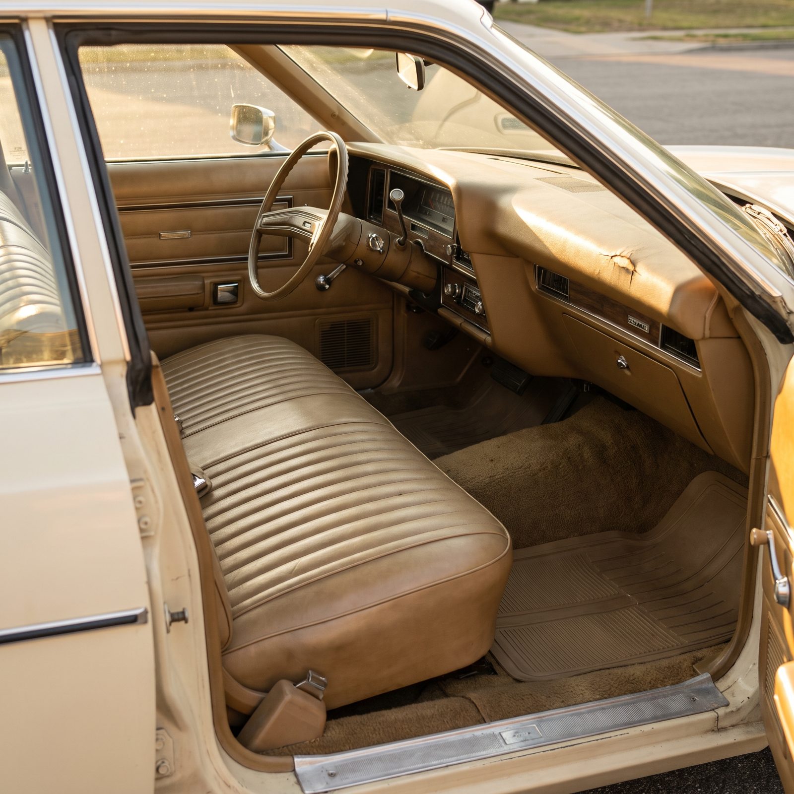 The Flat Vinyl Bench Seat With No Headrest in Sight