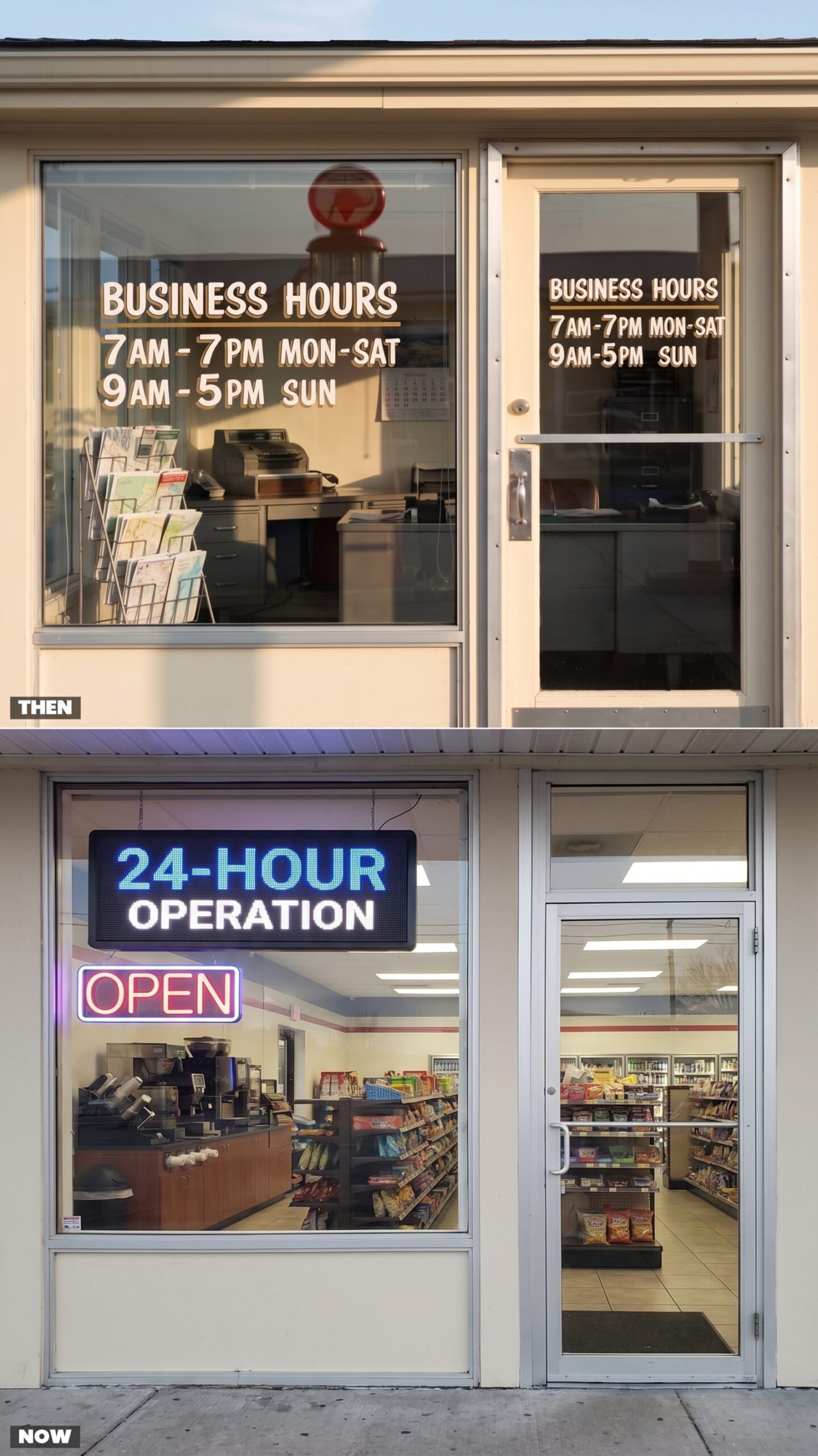 Hand-Painted Business Hours vs. Illuminated 24-Hour Signage
