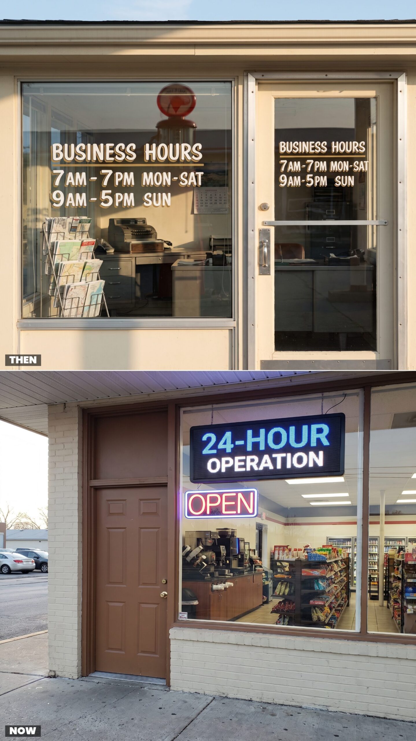 Hand-Painted Business Hours vs. Illuminated 24-Hour Signage