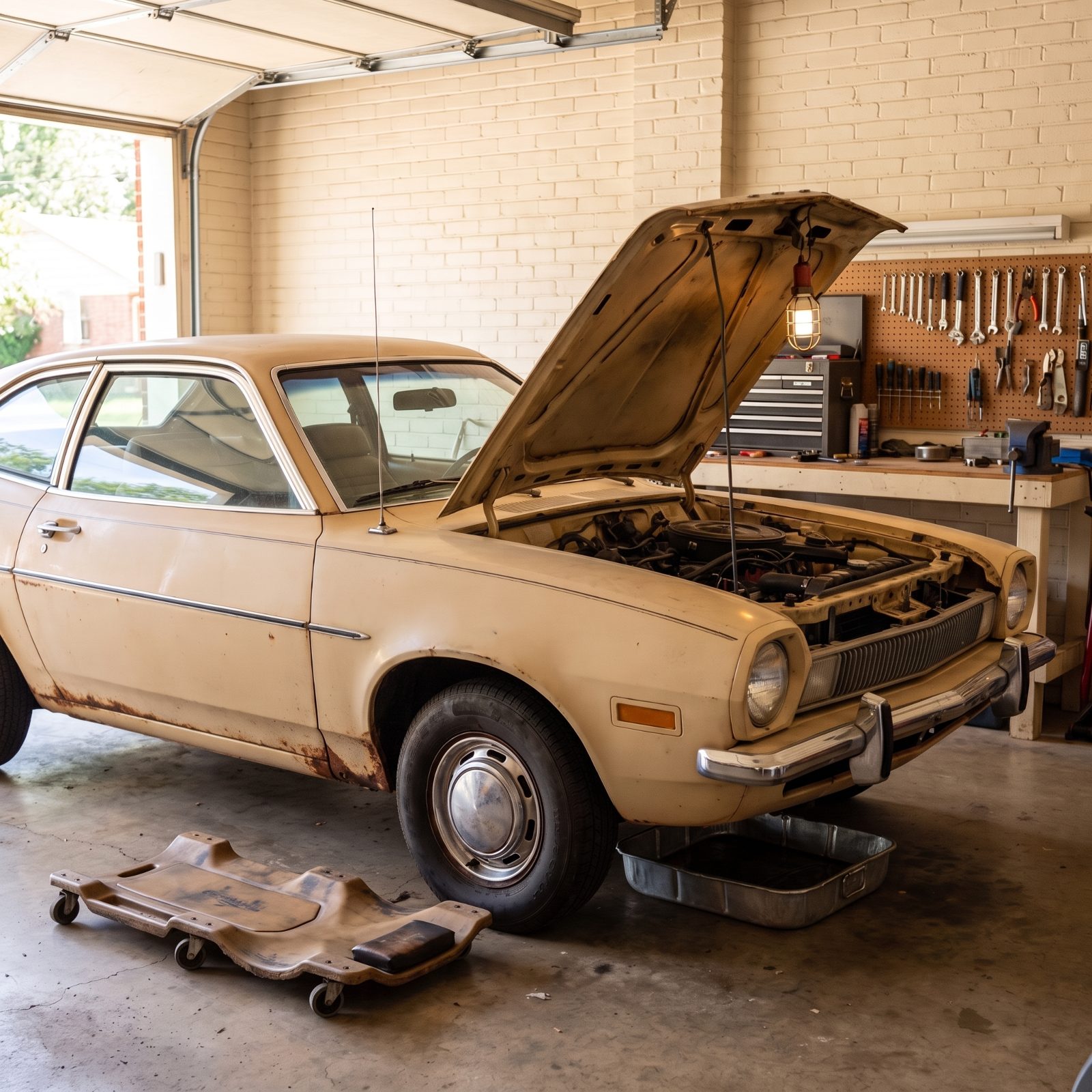 Home garage with a rusty compact sedan, hood up over a drip pan, a droplight hanging and a toolbox open on the workbench.
