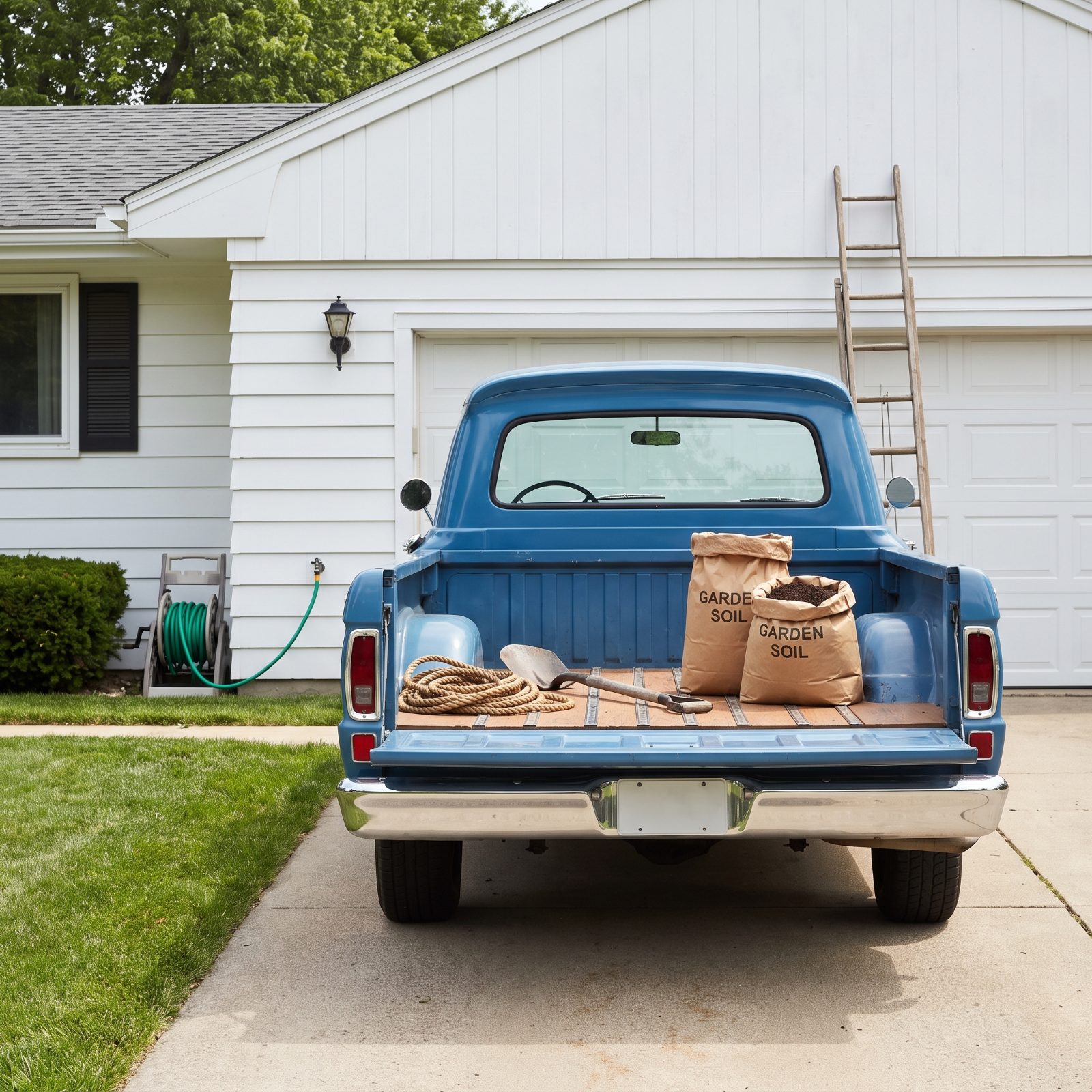 Late-1960s suburban driveway with a blue step-side pickup truck holding rope, a shovel, and two bags of garden soil in the