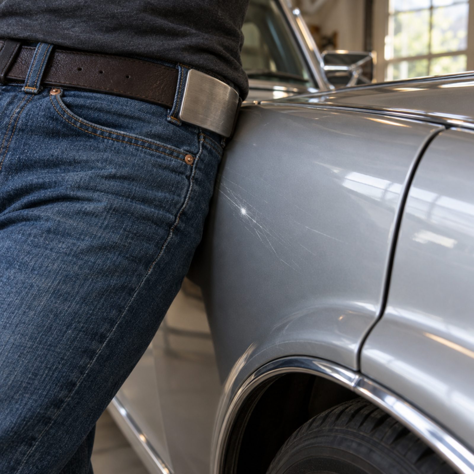 Leaning Against the Panel With a Belt Buckle or Metal Zipper