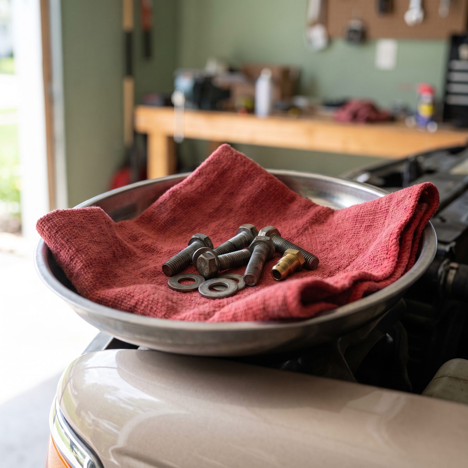Line a Magnetic Parts Tray With a Shop Towel