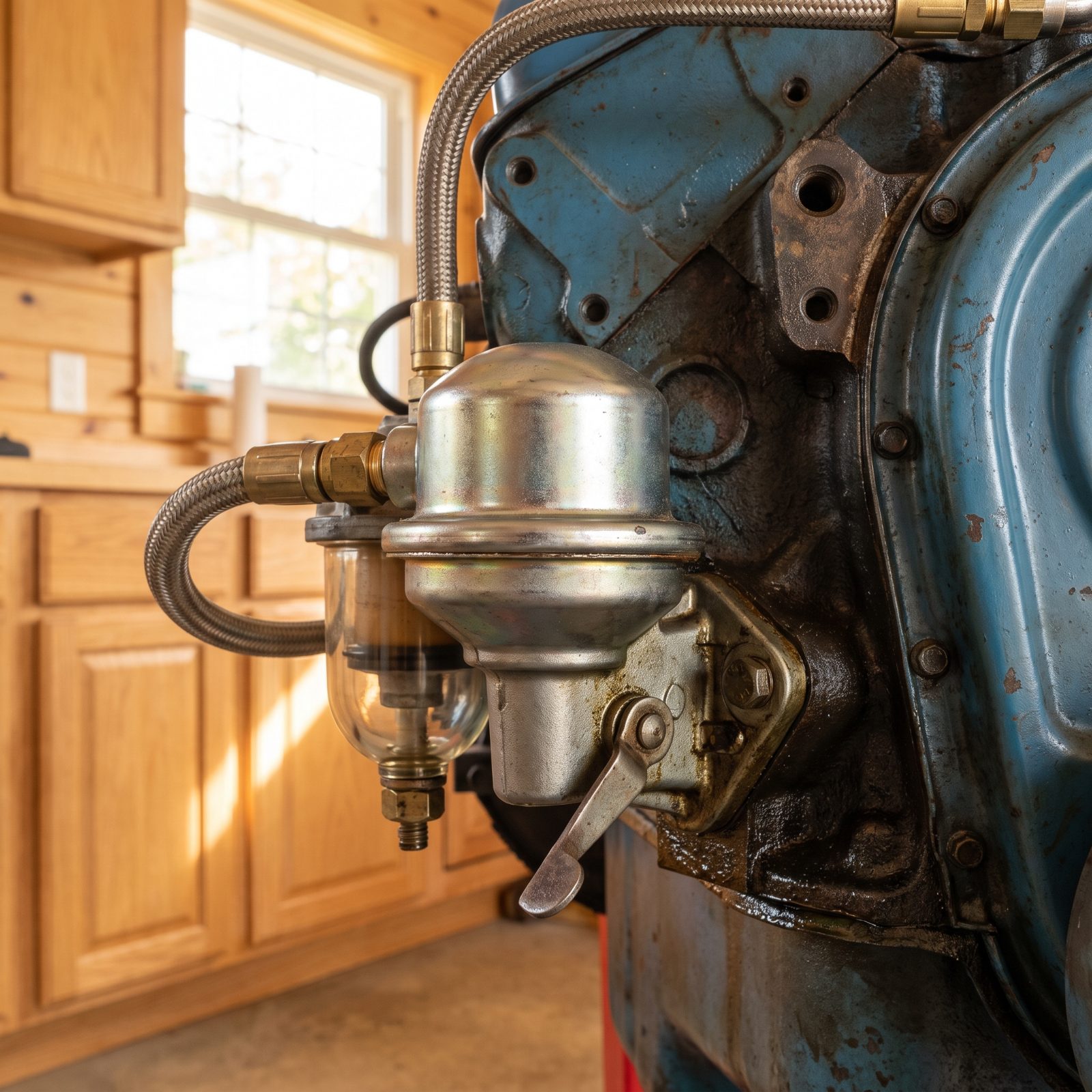 The Mechanical Fuel Pump Bolted to the Side of the Engine