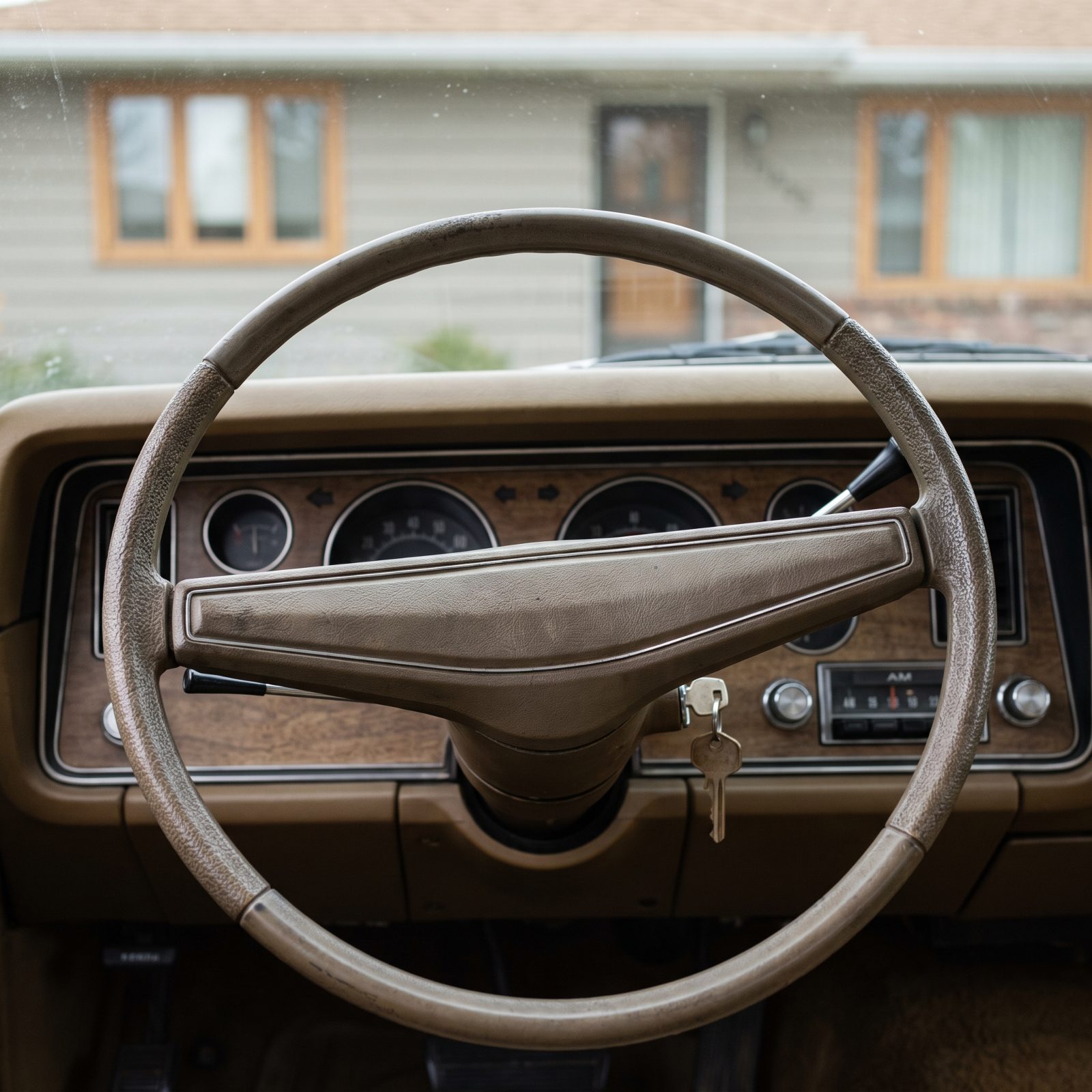 Dashboard of a 1970s sedan from the driver's seat showing a round chrome headlight knob, a column turn-signal stalk, and a