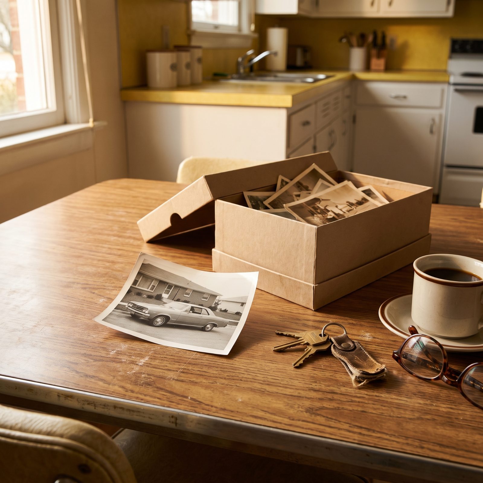 Kitchen table with an old black-and-white photo of a first car, a shoebox of photographs, car keys, and a coffee cup.
