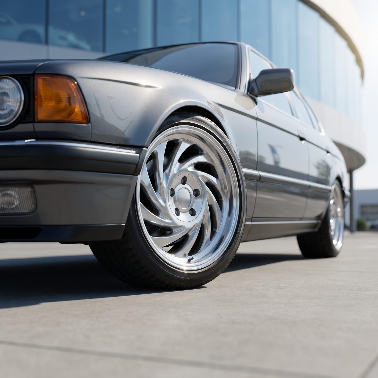 Polished Turbine-Style Alloy Wheels Spinning Light