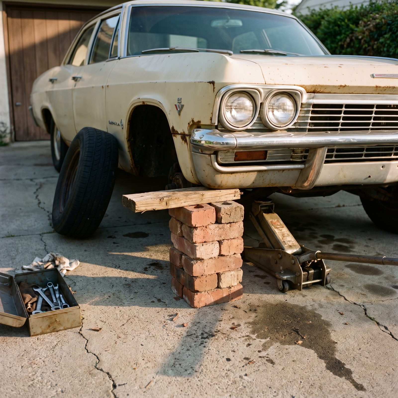 Propping the Car on a Brick and a 2x4 Instead of a Jack Stand