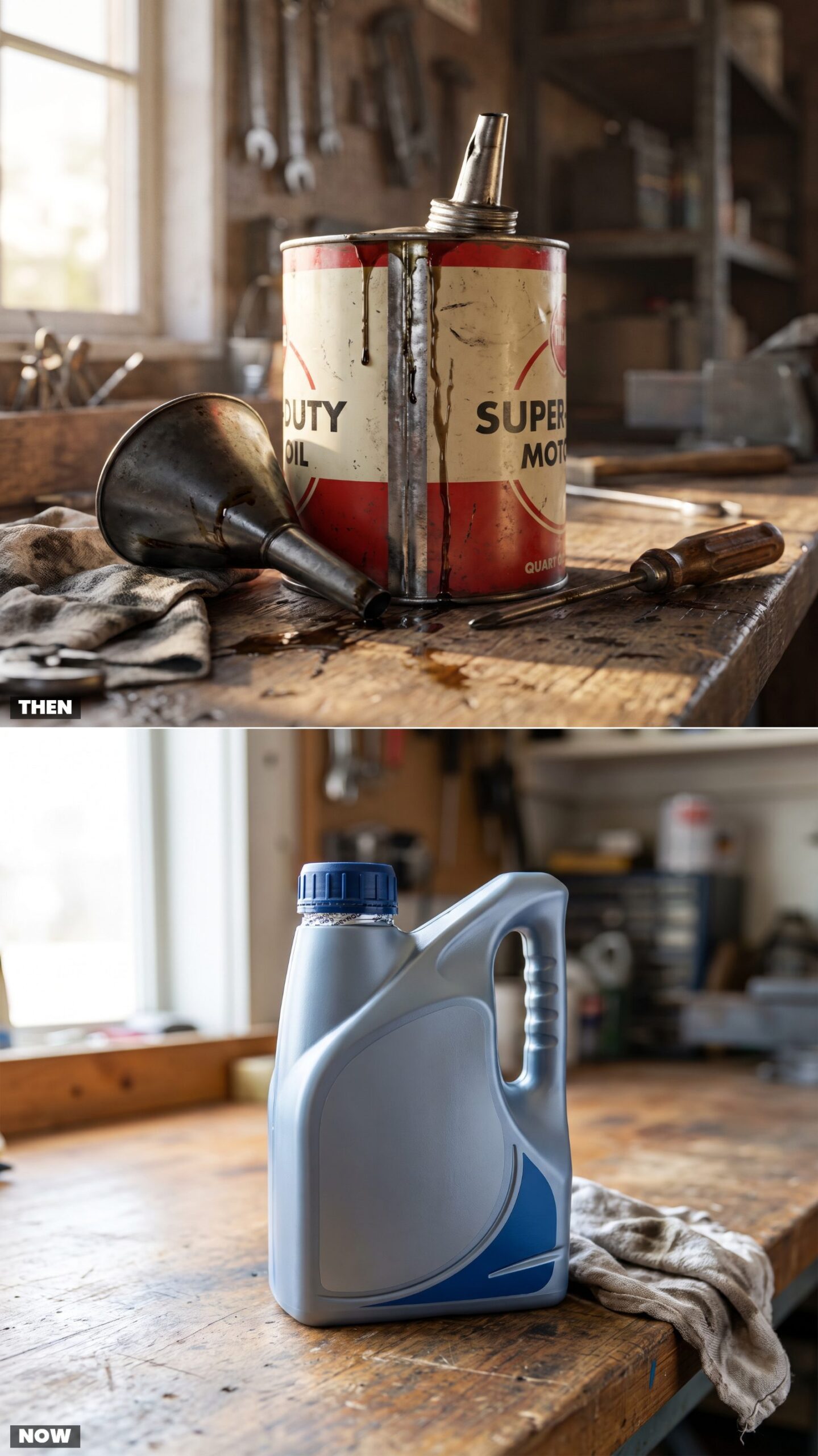 Quart-Size Metal Oil Cans vs. Molded Plastic Bottles