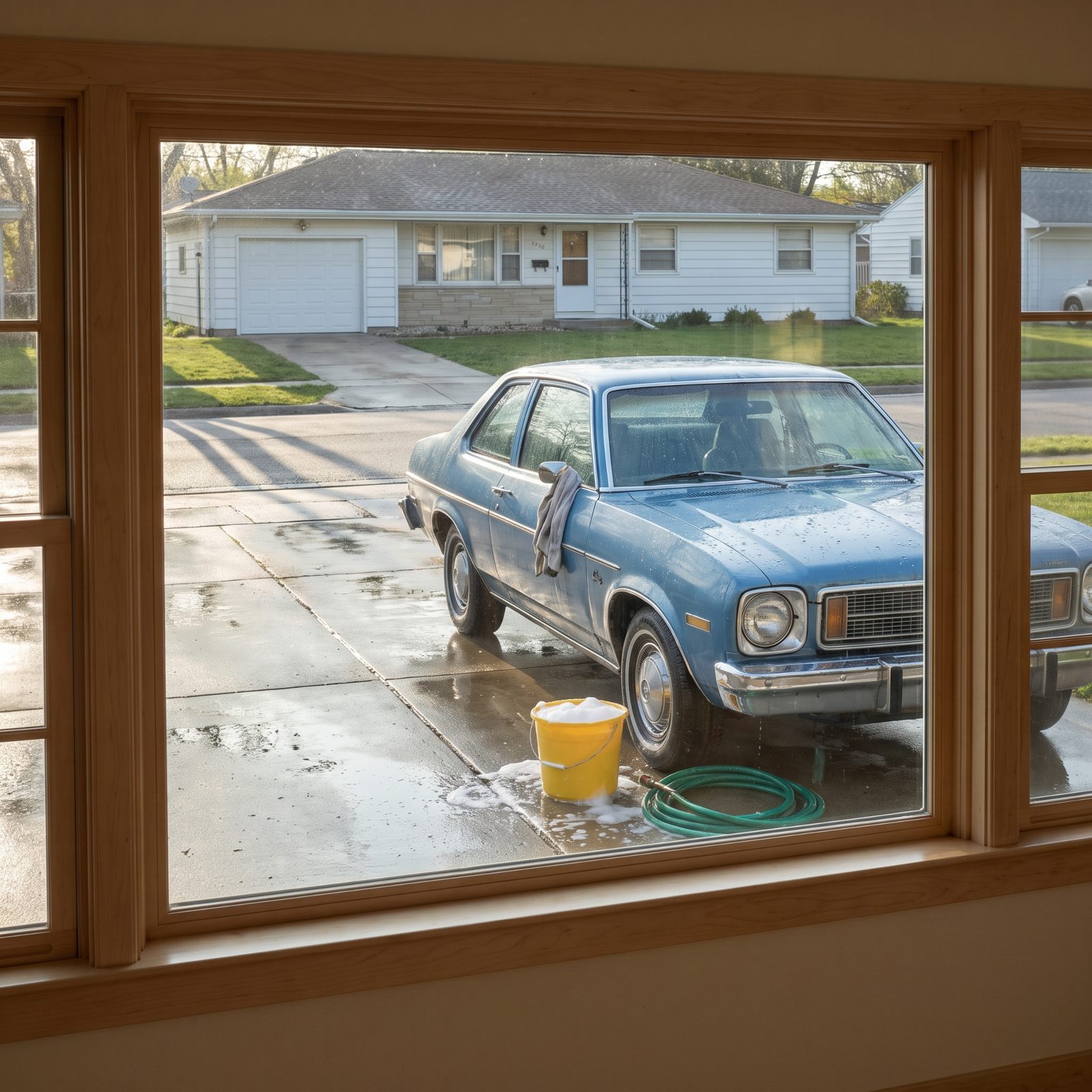 Driveway with a wet blue two-door sedan parked nose-out, a yellow soap bucket and green hose beside the front tire.