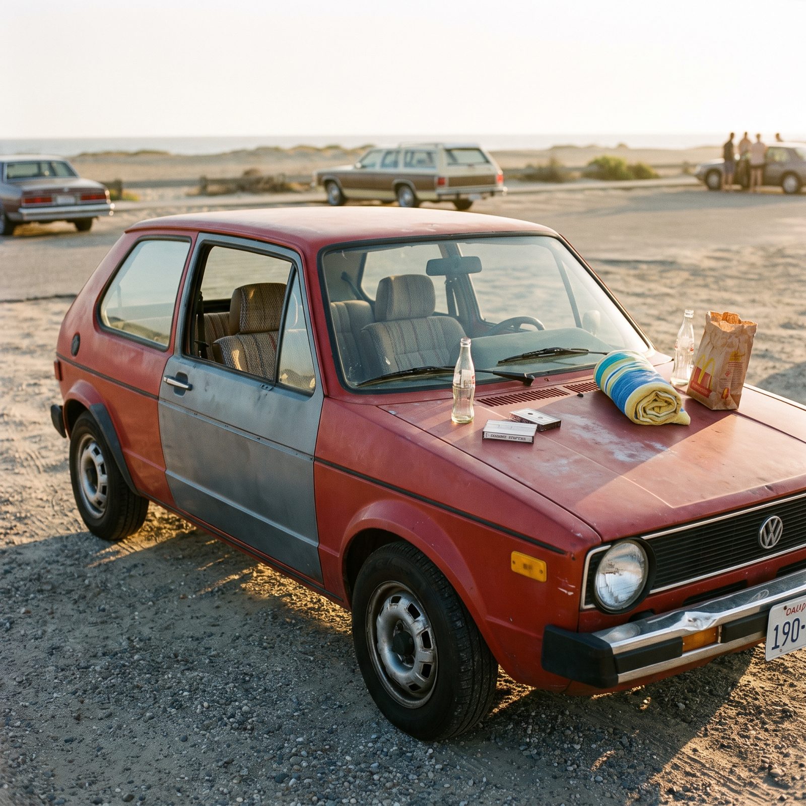 Faded red 1980s hatchback with all windows down parked in an open lot with soda bottles and a cassette tape on the hood.