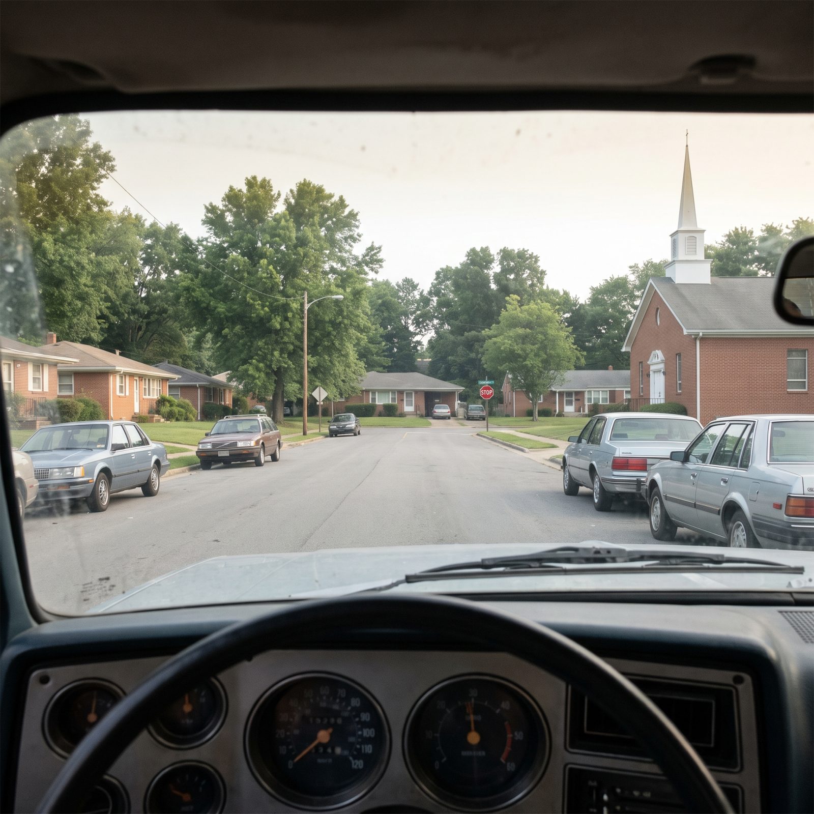 Suburban two-lane street seen through a windshield, lined with ranch houses, a leaning stop sign ahead and a brick church on