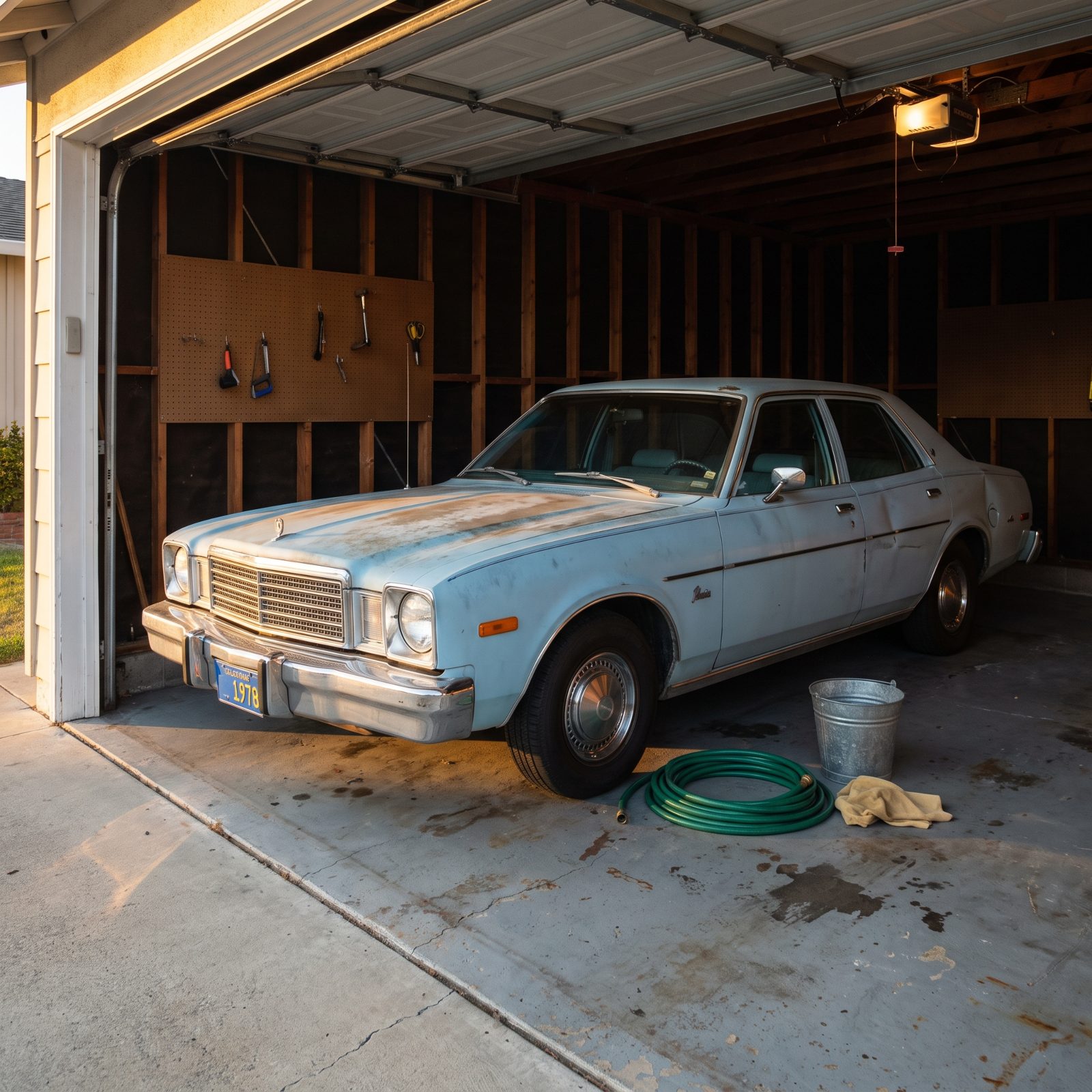 Suburban garage with a light-blue 1970s four-door sedan parked in the center bay and a hose and bucket on the floor.