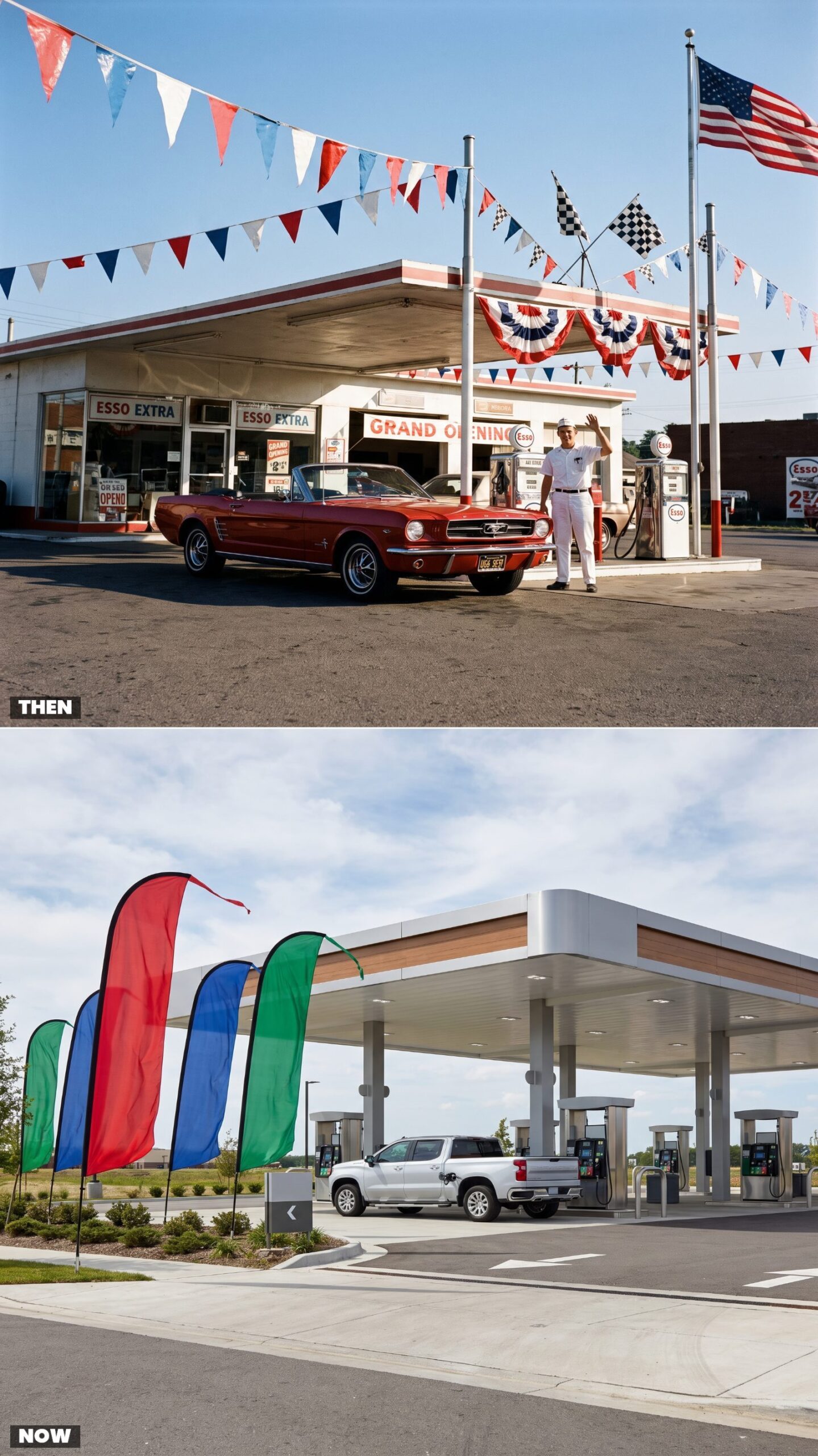 Rows of National and Checkered Flags vs. Branded Feather Banners