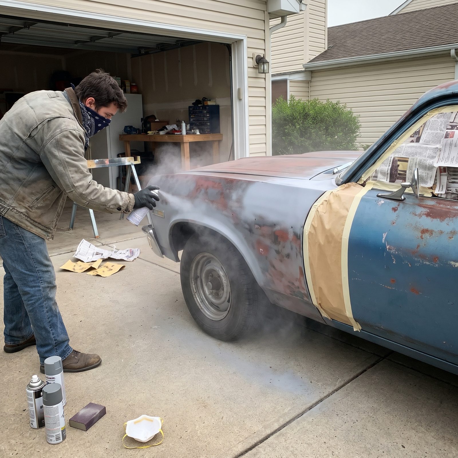 Sanding Rust and Painting a Fender With a Spray Can in the Driveway