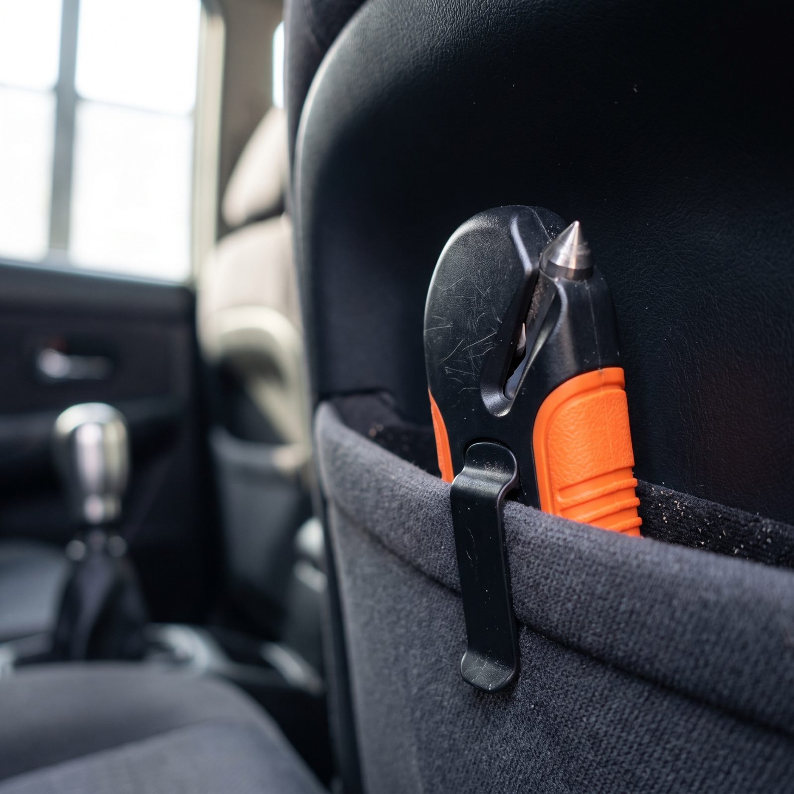 A Seat-Belt Cutter and Window Punch Clipped Within Arm's Reach