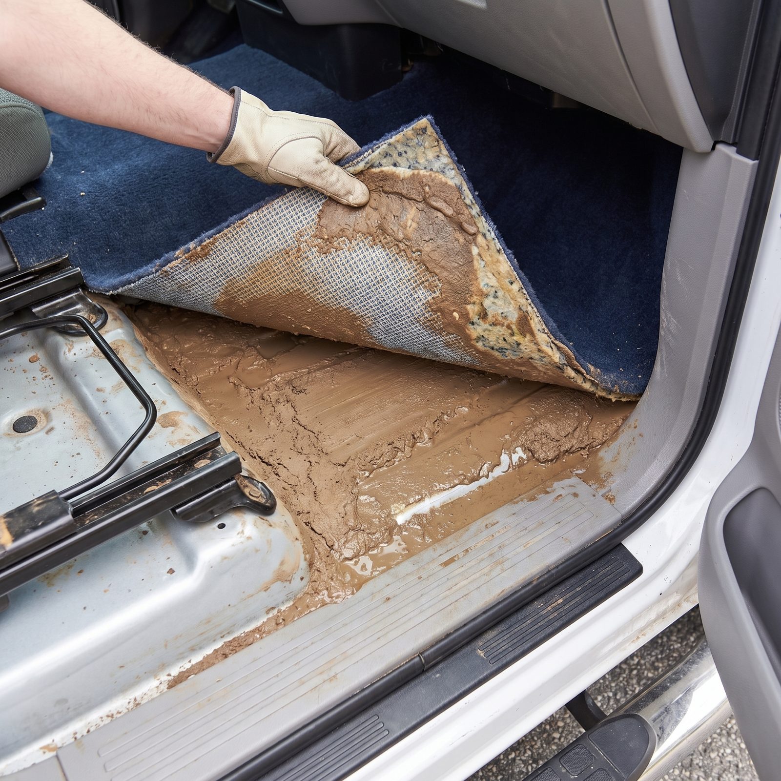 Signs of Flood Exposure Beneath the Carpets and Seats