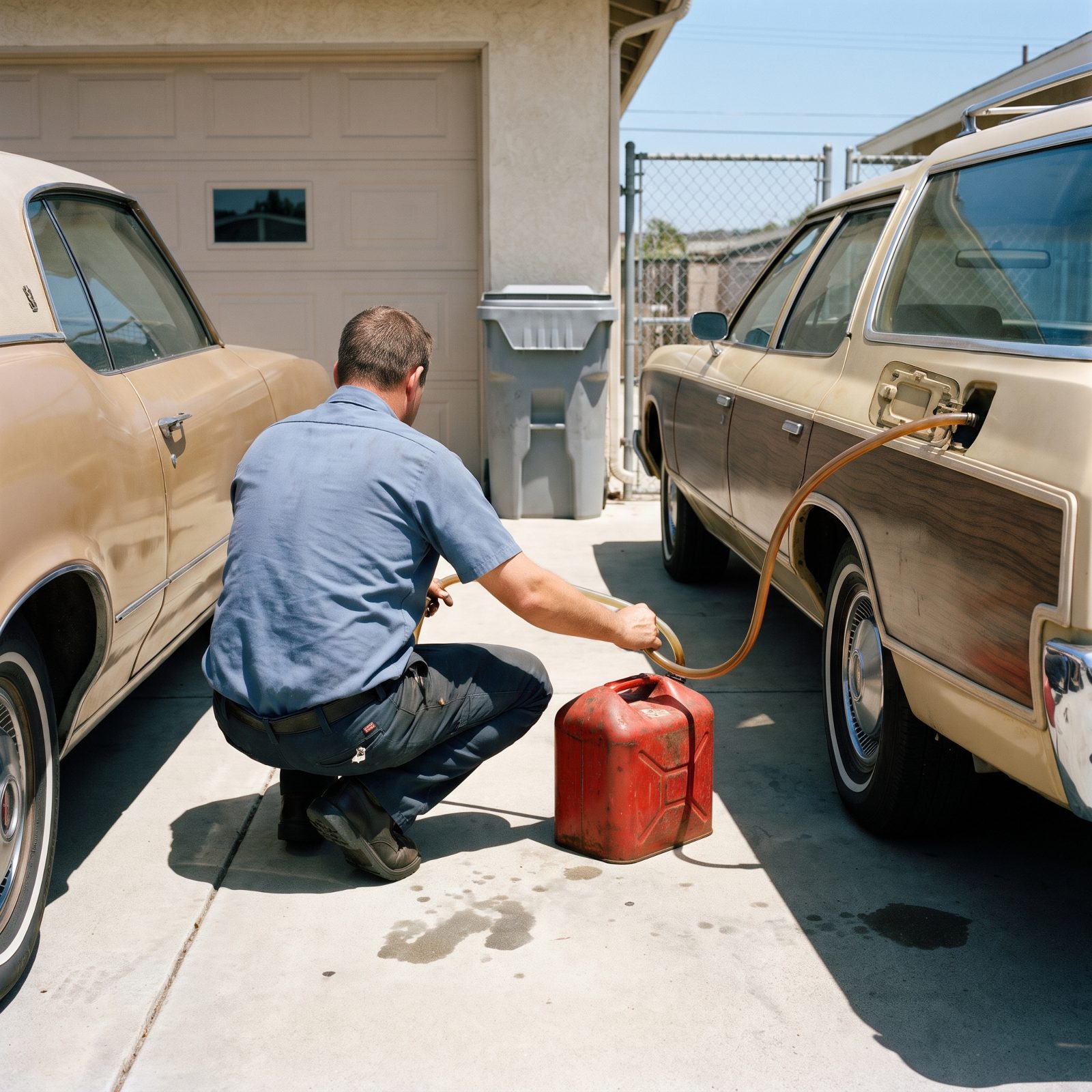 Siphoning Gas by Mouth From One Car to Another