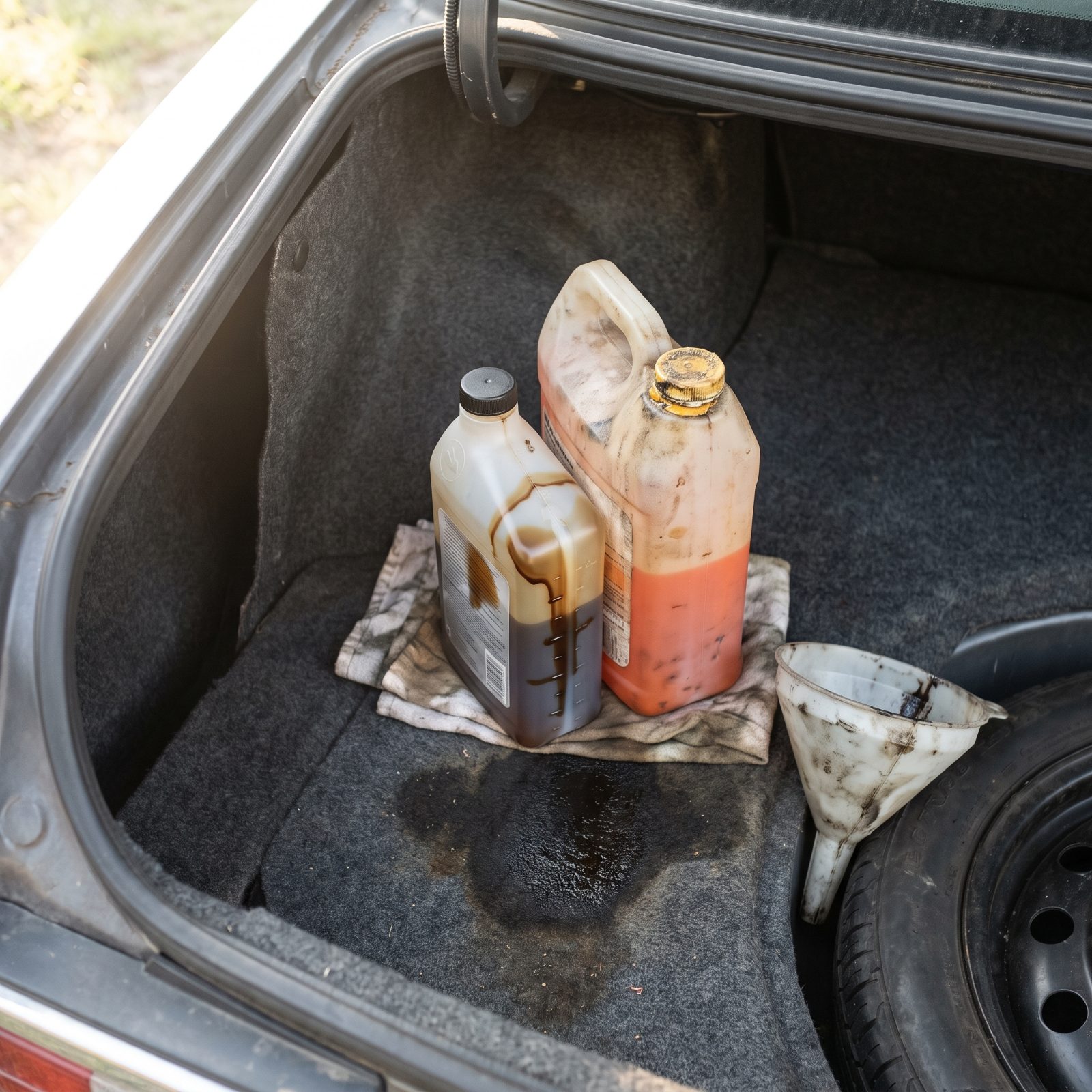 Spare Oil and Coolant Jugs Rolling Around the Trunk Tell On the Engine