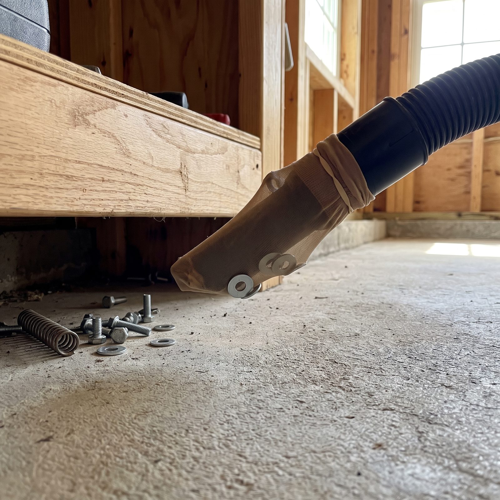 Stretch Pantyhose Over a Shop-Vac Nozzle to Catch Lost Hardware
