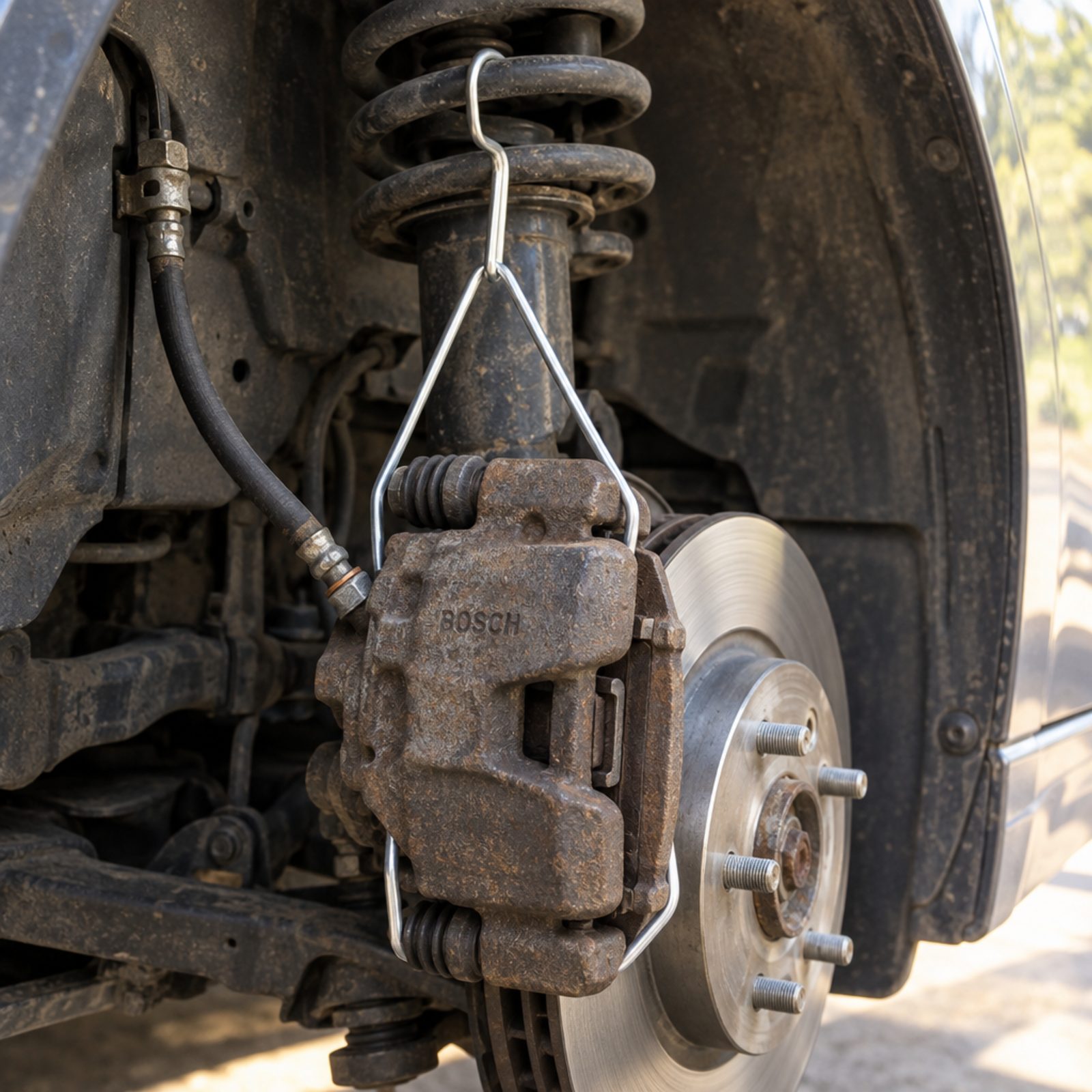 Support a Removed Brake Caliper With a Bent Wire Hook