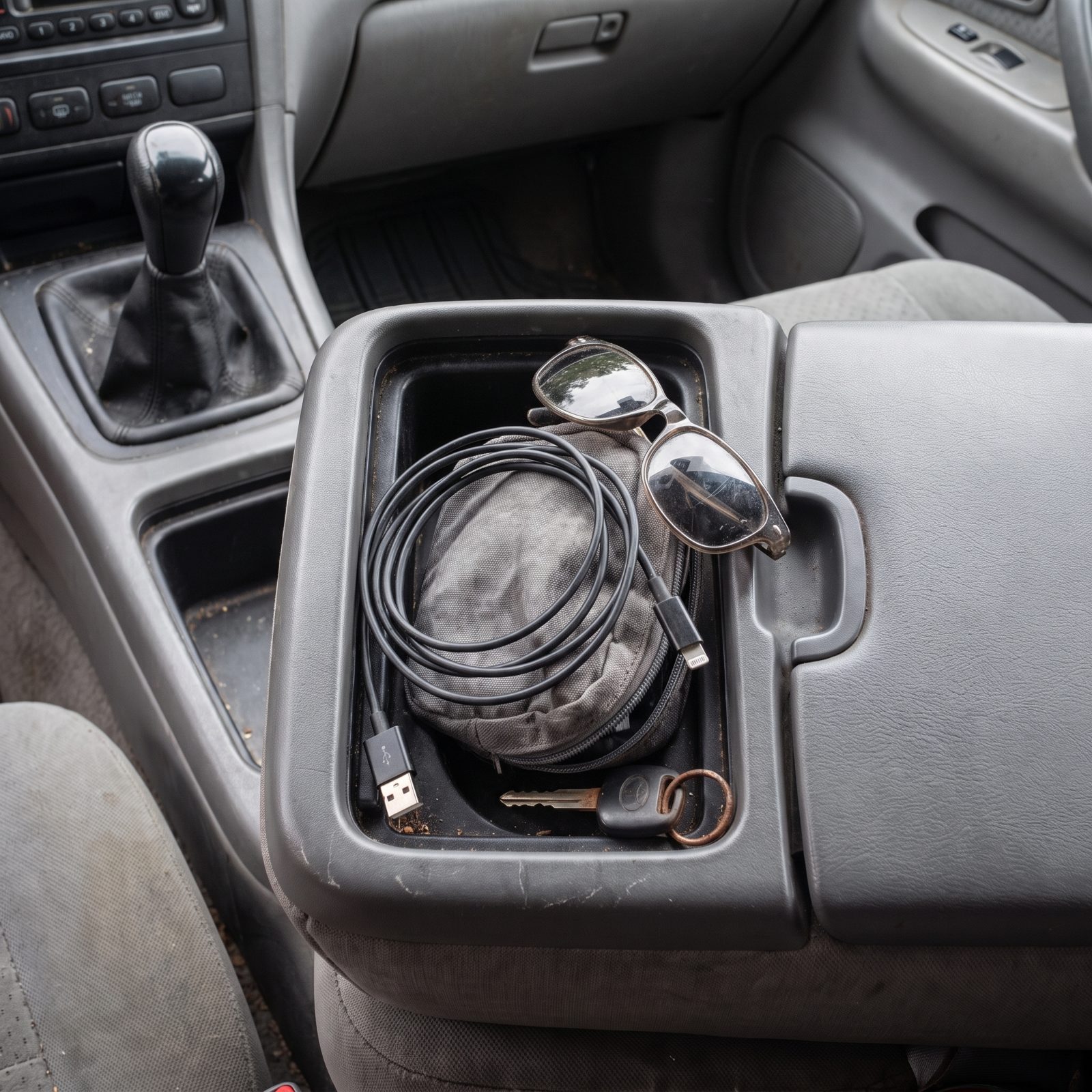 SUV console tray with a coiled charging cable, folded sunglasses, and a small zippered pouch each in its own spot.