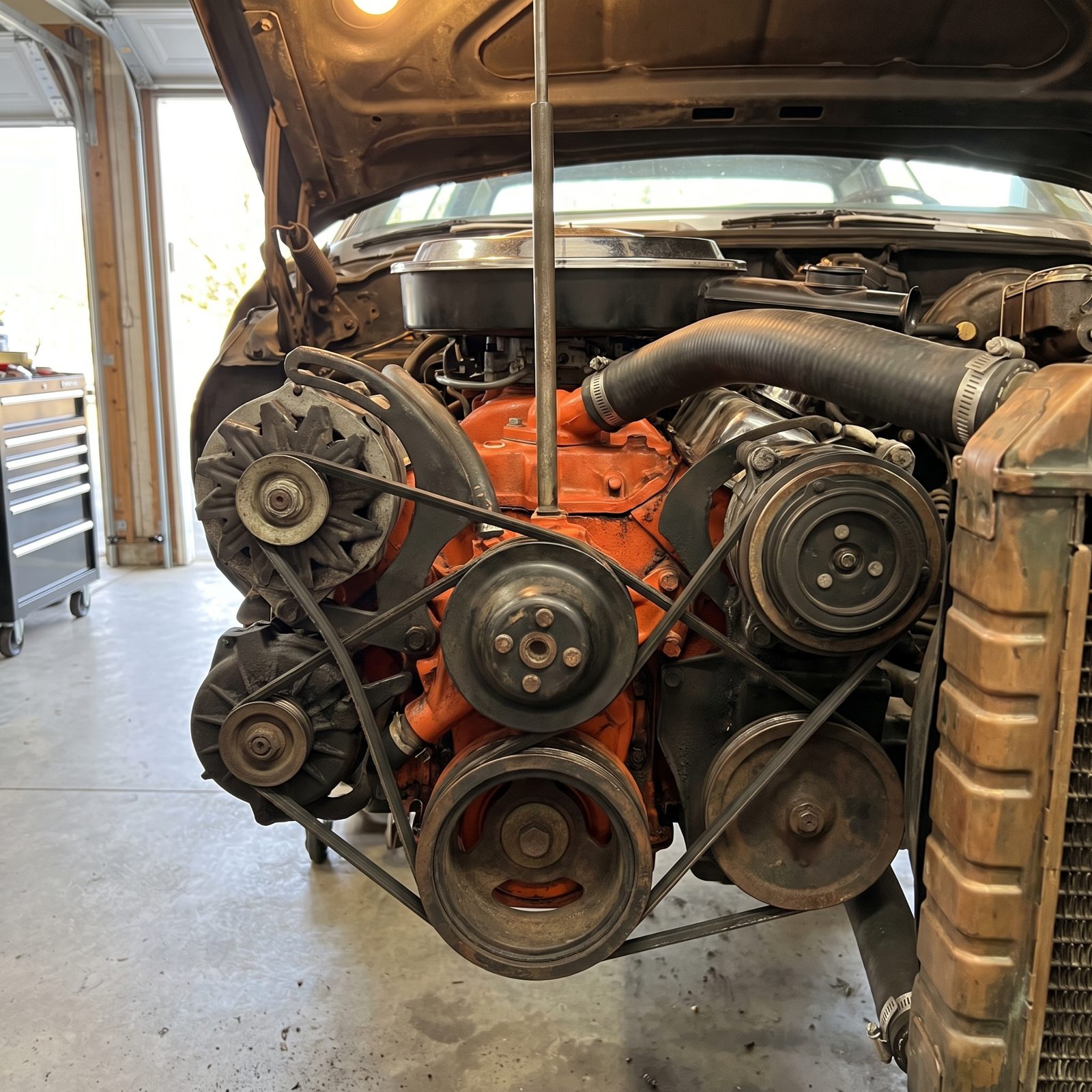 A Tangle of V-Belts, One for Every Accessory Under the Hood