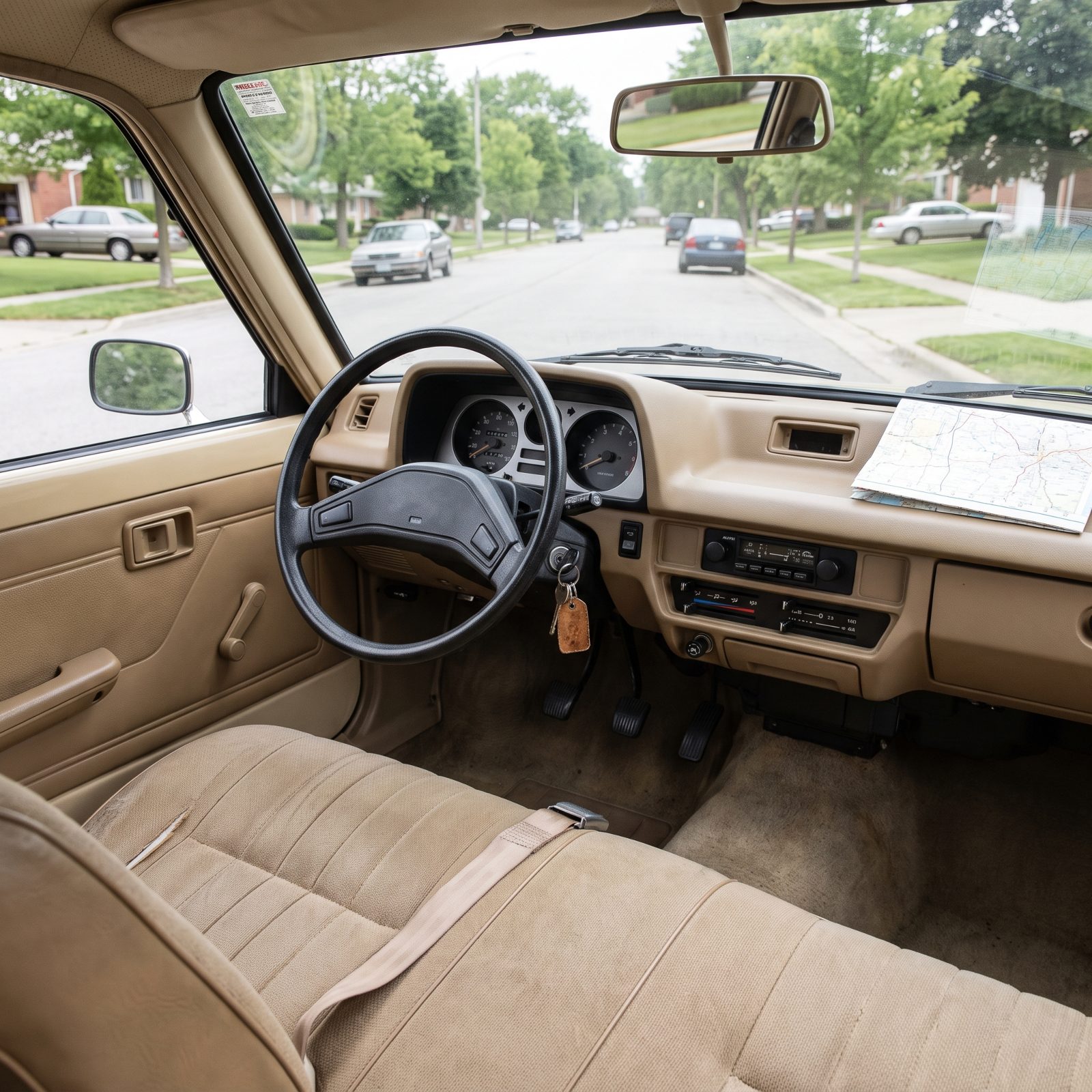 View from the driver's seat of a 1980s compact car showing the empty passenger seat, dashboard gauges, and an empty street