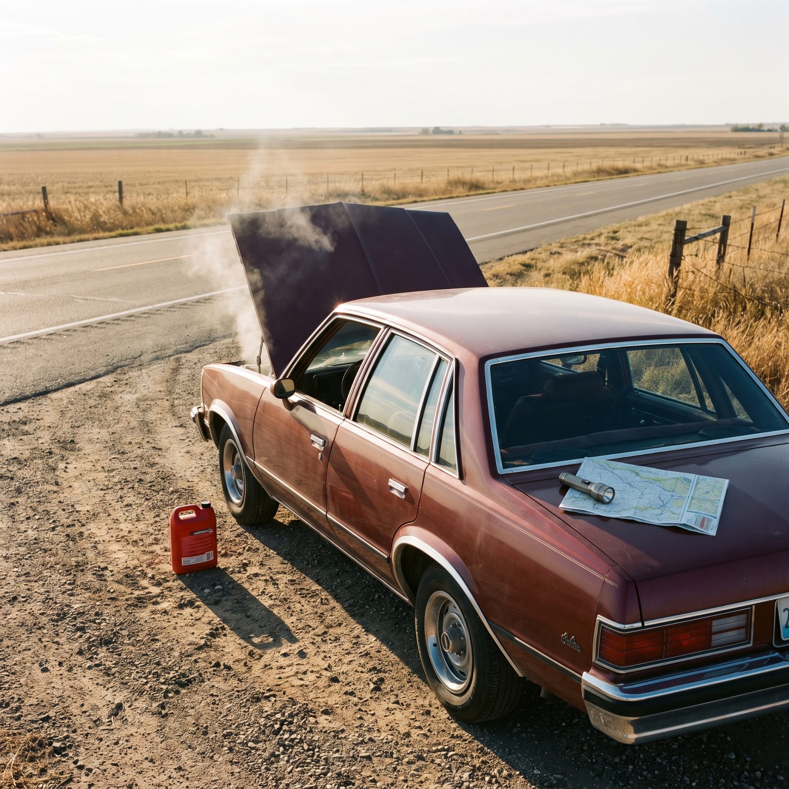 Sedan pulled onto a gravel highway shoulder with its hood up and faint steam, a coolant jug and flashlight beside it.