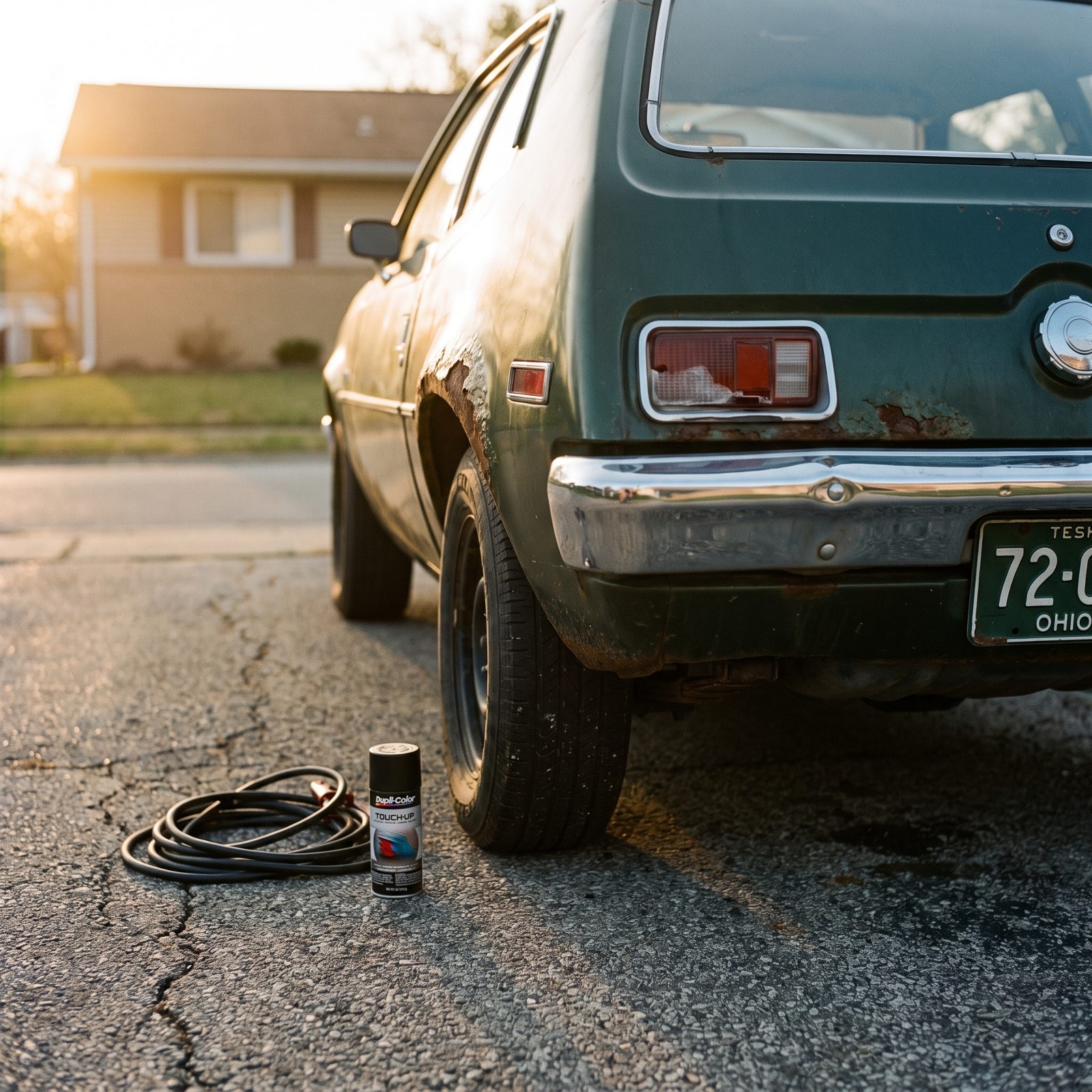 Rear quarter panel of a 1970s green compact car in a driveway showing rust around the wheel well and a bent bumper.