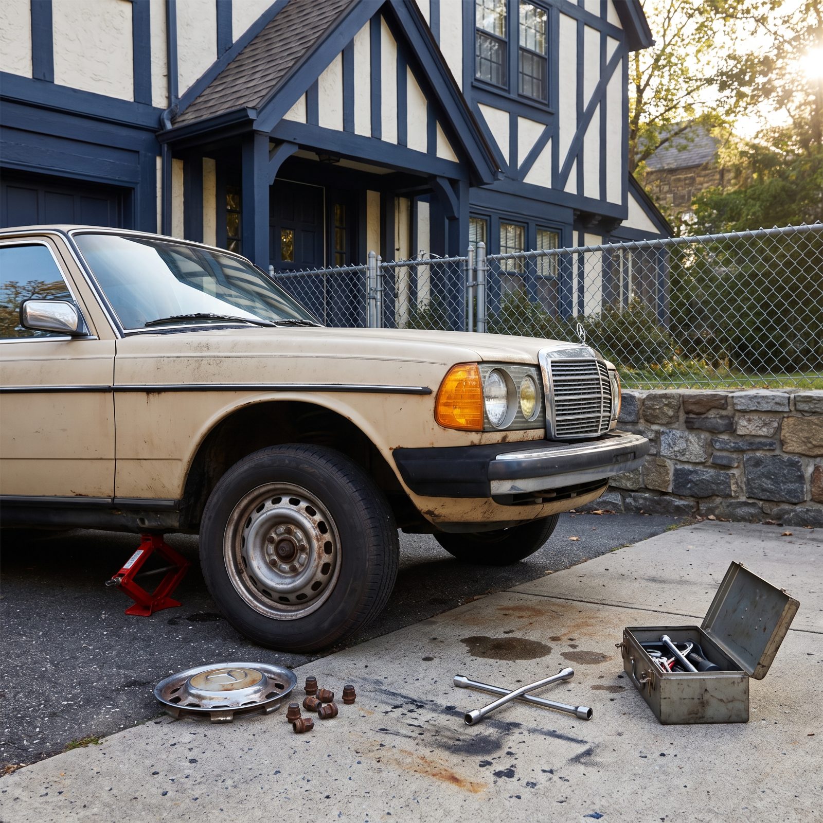 Driveway with a sedan on a jack, one wheel removed and leaning on the fender, lug nuts on an upturned hubcap and a lug