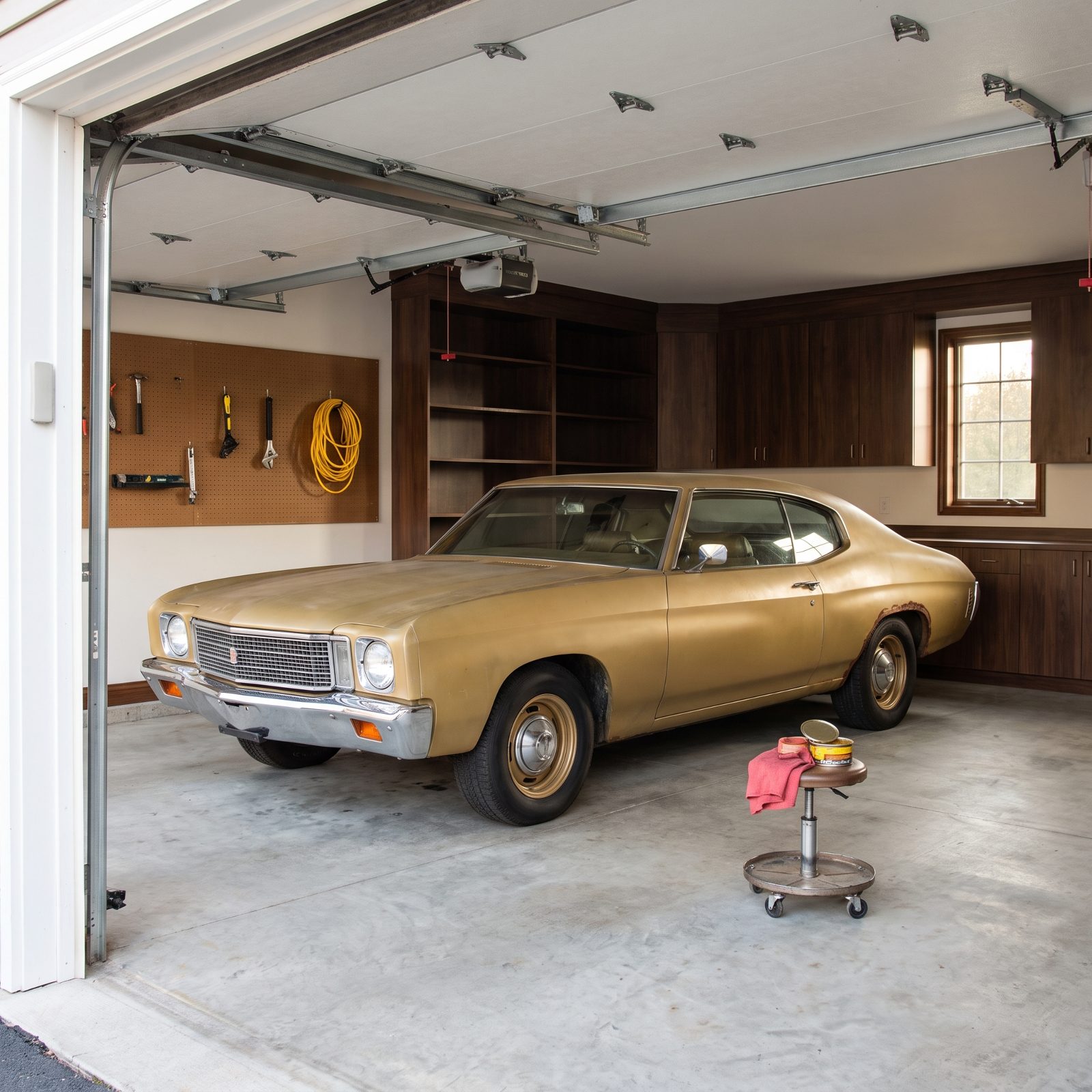 Suburban garage with a restored gold 1970s two-door coupe parked in the center and a pegboard of tools on the back wall.
