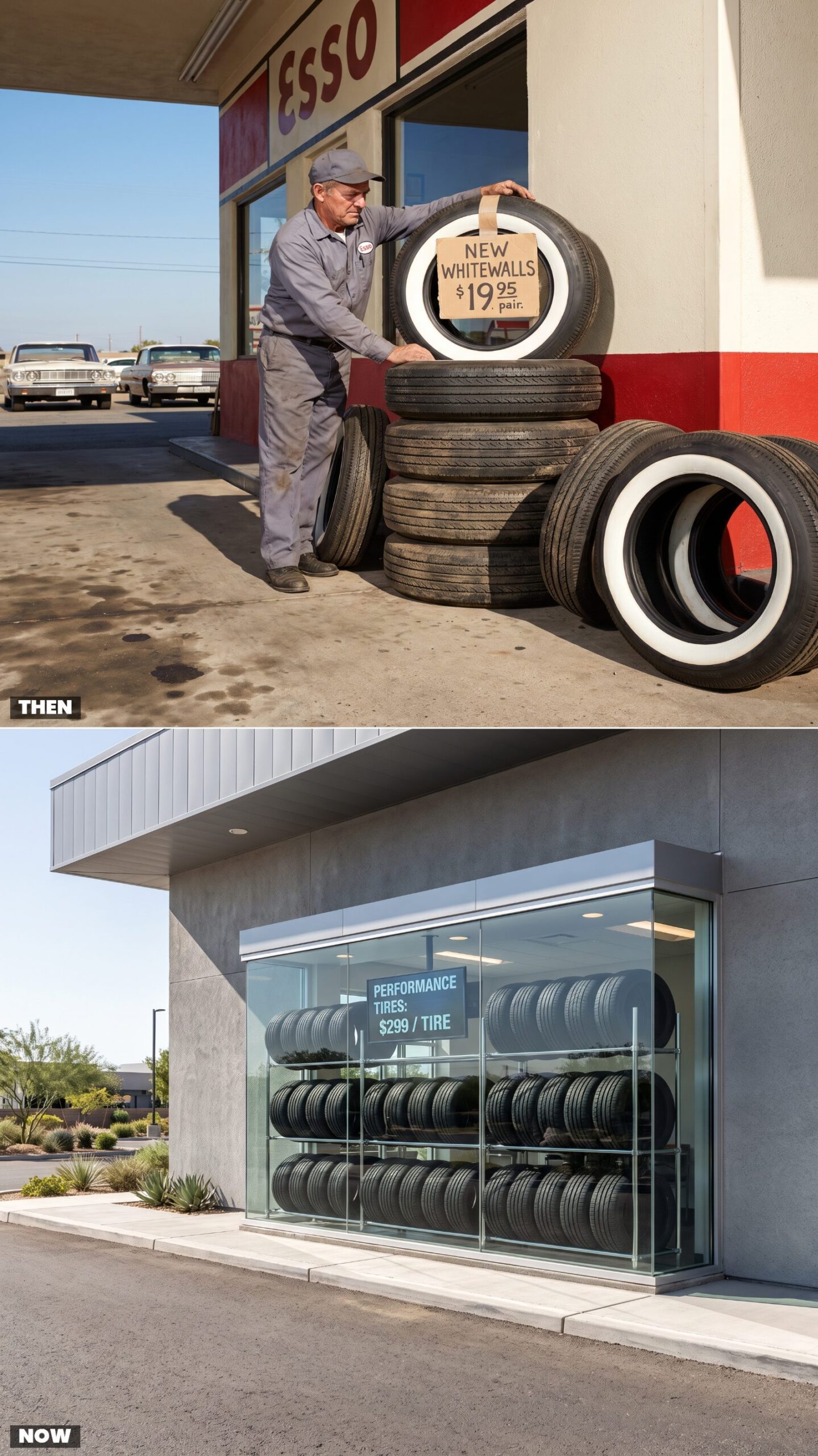 Whitewall Tires Stacked Outside vs. Enclosed Tire Displays