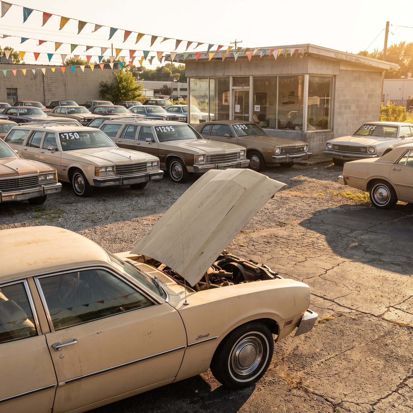 Used-car dealership lot with a four-door sedan in front, hood raised, rows of cars and pennant flags behind under afternoon